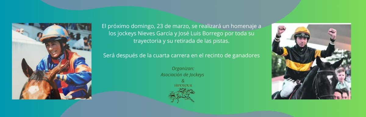 🗓️ El próximo domingo, en el recinto de ganadores y después de la 4a carrera, haremos un homenaje a dos de nuestros🏇jockeys más queridos, <a href="/Nieves07garcia/">nieves garcia</a> y J. L. Borrego por toda su trayectoria. 
📣 Un evento organizado por Asoc. de Jockeys e Hipotour. Colabora:<a href="/HipodromoMadrid/">Hipódromo de La Zarzuela</a>