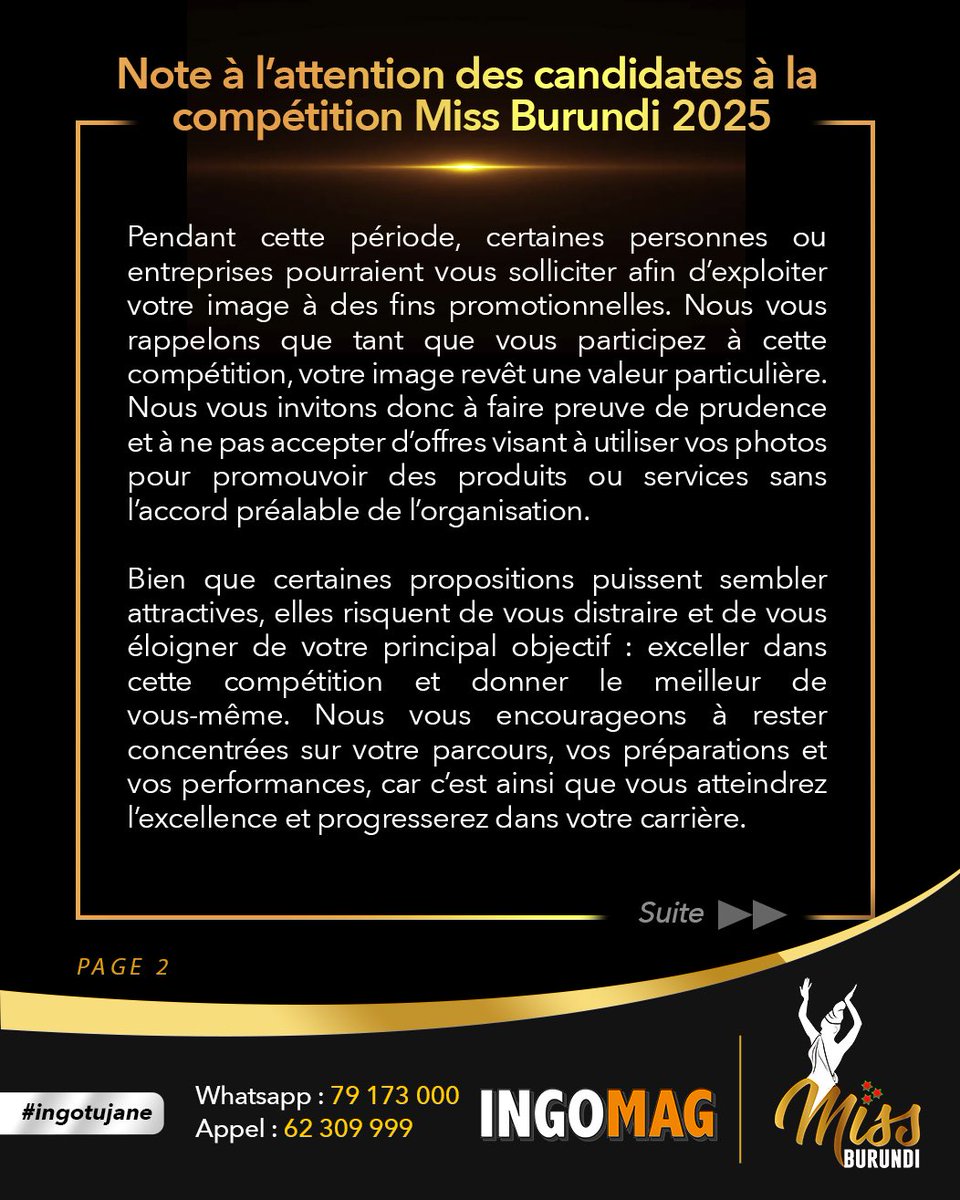MissBurundi_Org's tweet photo. 🔴 [ Note à l'attention des candidates à la compétition #MissBurundi2025 ]

" Votre image est votre signature ; protégez-la, valorisez-la et laissez-la refléter l’excellence que vous incarnez."
#Burundi 🇧🇮
#IngoTujane
#VisitBurundi
#BeautifulDestinations https://t.co/QBC9gZgz50