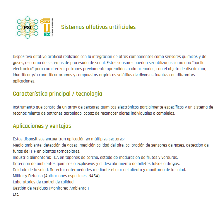 FundecytPCTEX's tweet image. Disponible en nuestra plataforma tecnológica #SECTI una nueva oferta: Sistemas olfativos artificiales.

🟢Ofrecido por PSI e @infouex.

Para más información:

…nsferencia.oficinaparalainnovacion.es/oferta_cyt/sis…