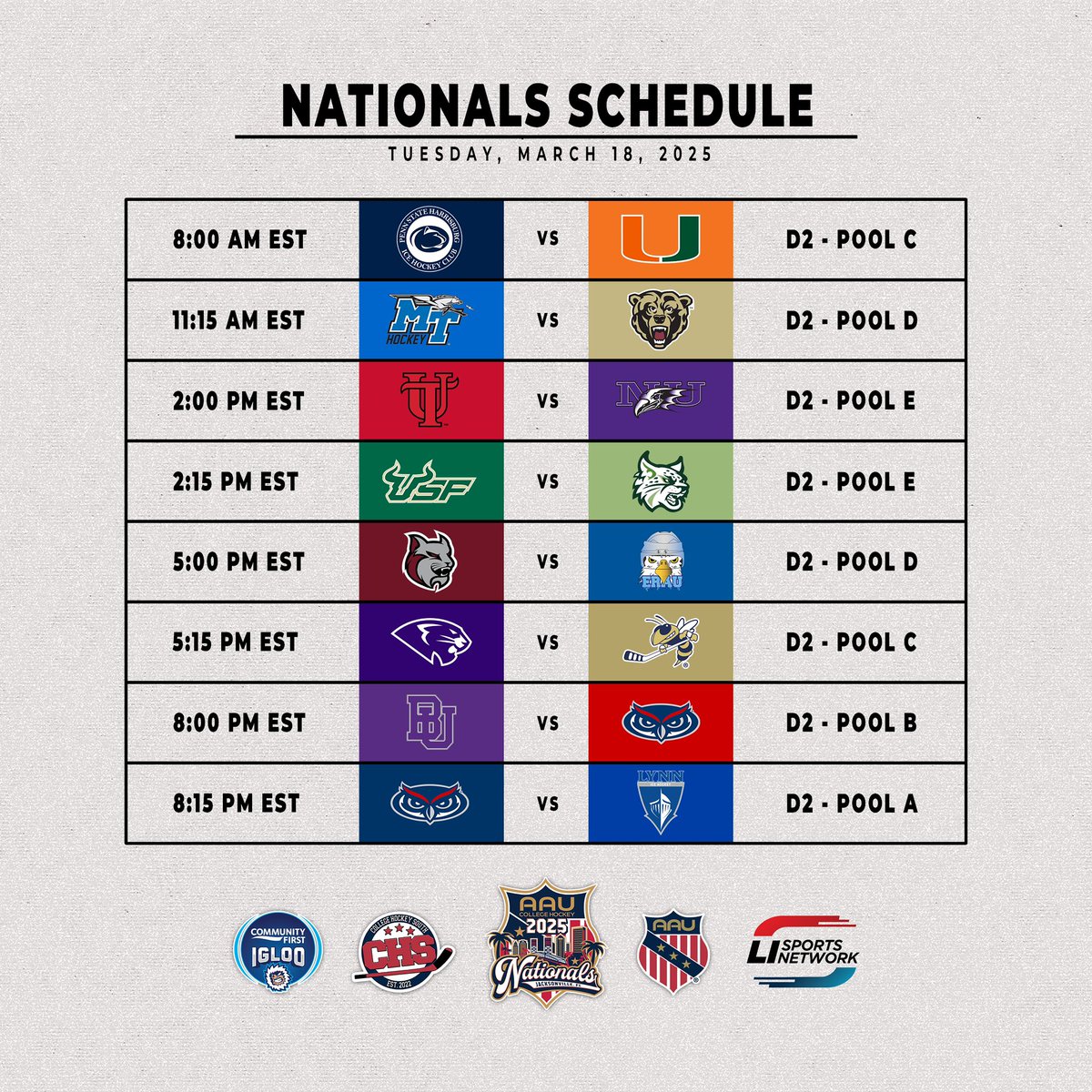 𝐍𝐚𝐭𝐢𝐨𝐧𝐚𝐥𝐬 𝐑𝐨𝐮𝐧𝐝 2️⃣ - 𝐃𝐚𝐲 1️⃣

Will we see a CHS Division 2 National Champion? Follow along this week here: collegehockeysouth.com/post/aau-colle…