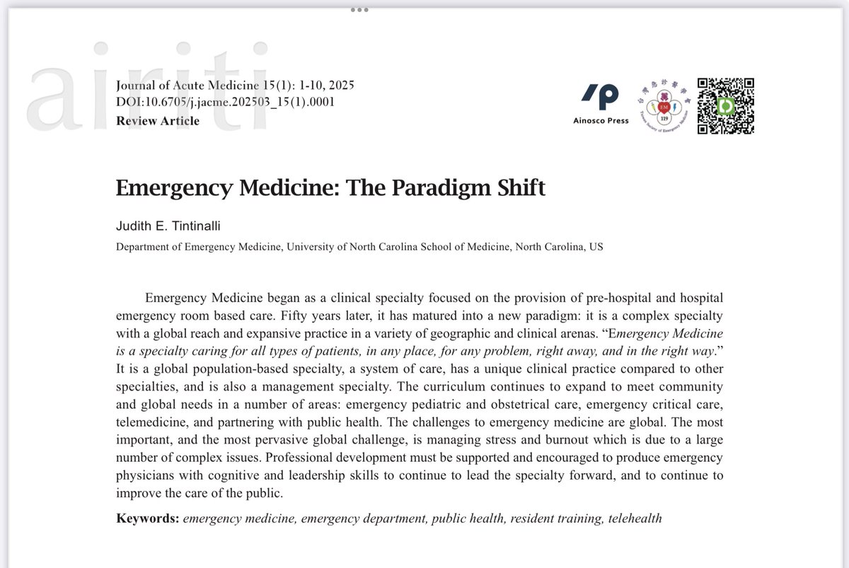 Ching-Hsing Lee (@chinghsing_lee) on Twitter photo Review Articles entitled “Emergency Medicine: The Paradigm Shift” By Professor Judith E. Tintinalli, published in Journal of Acute Medicine (#JACME), official journal of Taiwan Society of Emergency Medicine <a href="/19941119tsem/">Taiwan Society of Emergency Medicine</a> <a href="/IFEM2/">International Federation for Emergency Medicine</a> #TSEM
Full text link doi.org/10.6705/j.jacm… Review Articles entitled “Emergency Medicine: The Paradigm Shift” By Professor Judith E. Tintinalli, published in Journal of Acute Medicine (#JACME), official journal of Taiwan Society of Emergency Medicine <a href="/19941119tsem/">Taiwan Society of Emergency Medicine</a> <a href="/IFEM2/">International Federation for Emergency Medicine</a> #TSEM
Full text link doi.org/10.6705/j.jacm…