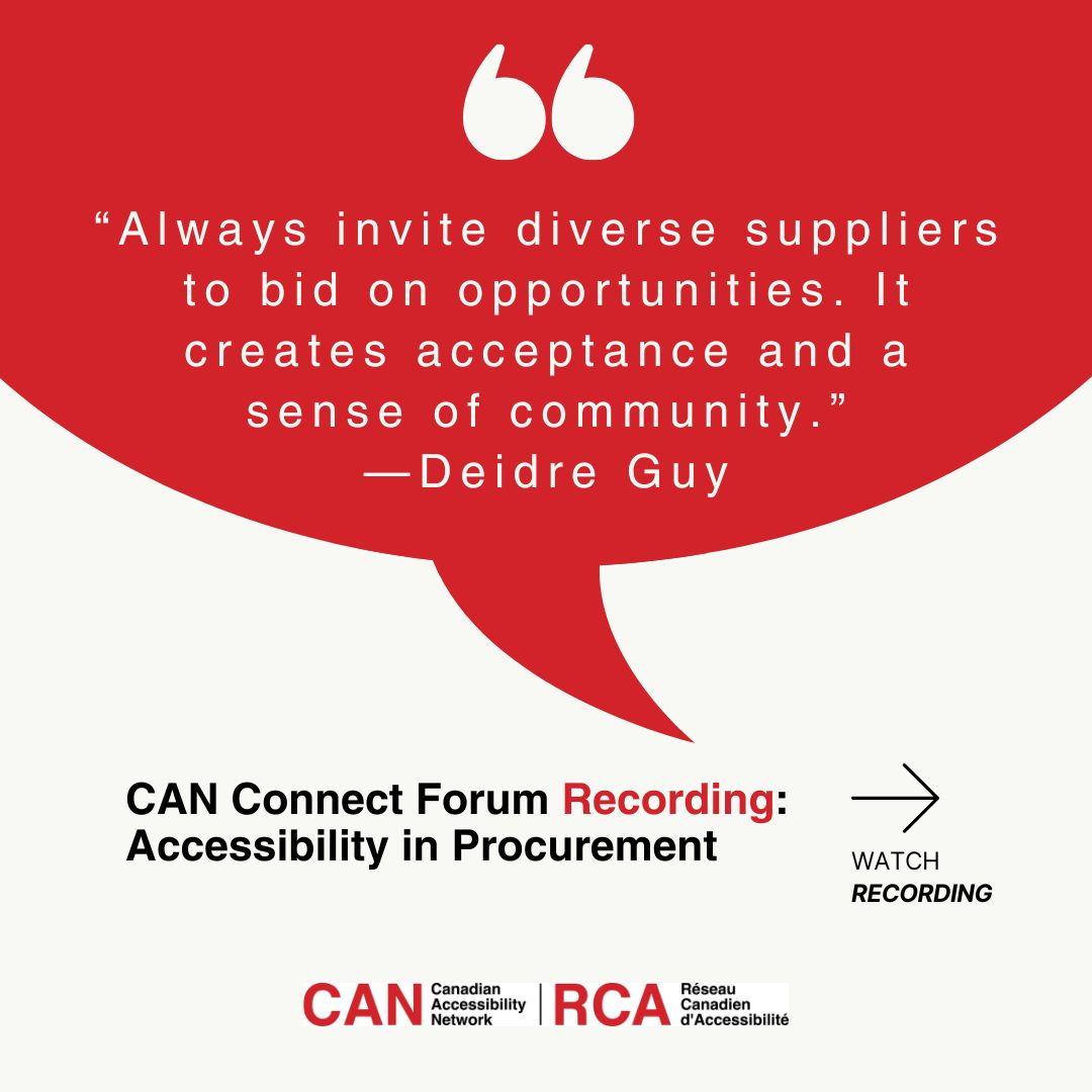 "Always invite diverse suppliers to bid on opportunities. It creates acceptance and a sense of community."—Deidre Guy reminded us during a CAN Connect Forum on Accessibility in Procurement we held in celebration of #NationalProcurementMonth in 2022.

youtube.com/watch?v=rlUNTI…