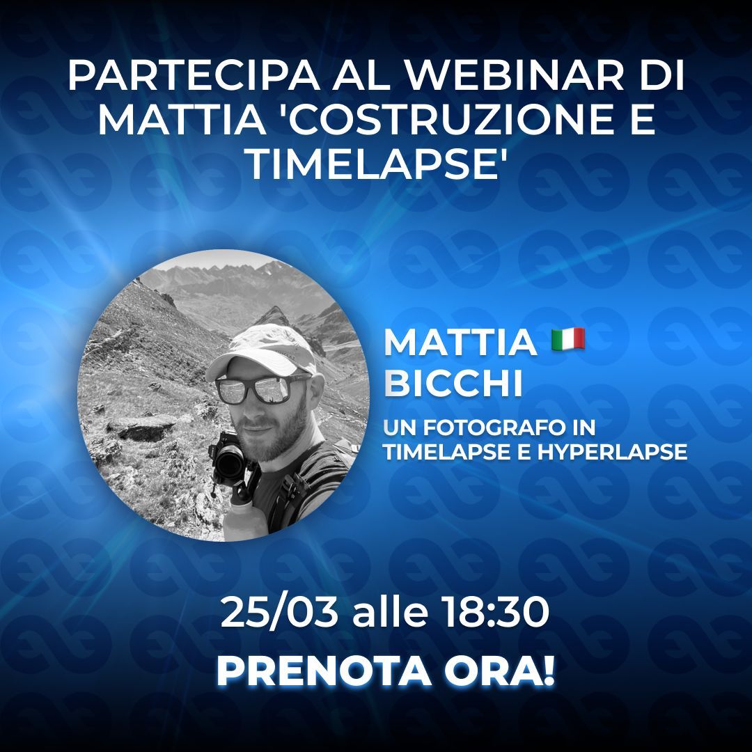 🇮🇹 Webinar #Timelapse con <a href="/MattiaBicchi/">Mattia Bicchi</a>!
" Costruzione &amp; Timelapse "
📅 Data: 25 marzo, 18:30 CET
📍 #Webinar live – Iscrizione gratuita!
👉 Iscriviti ora: buff.ly/INmy3Kc