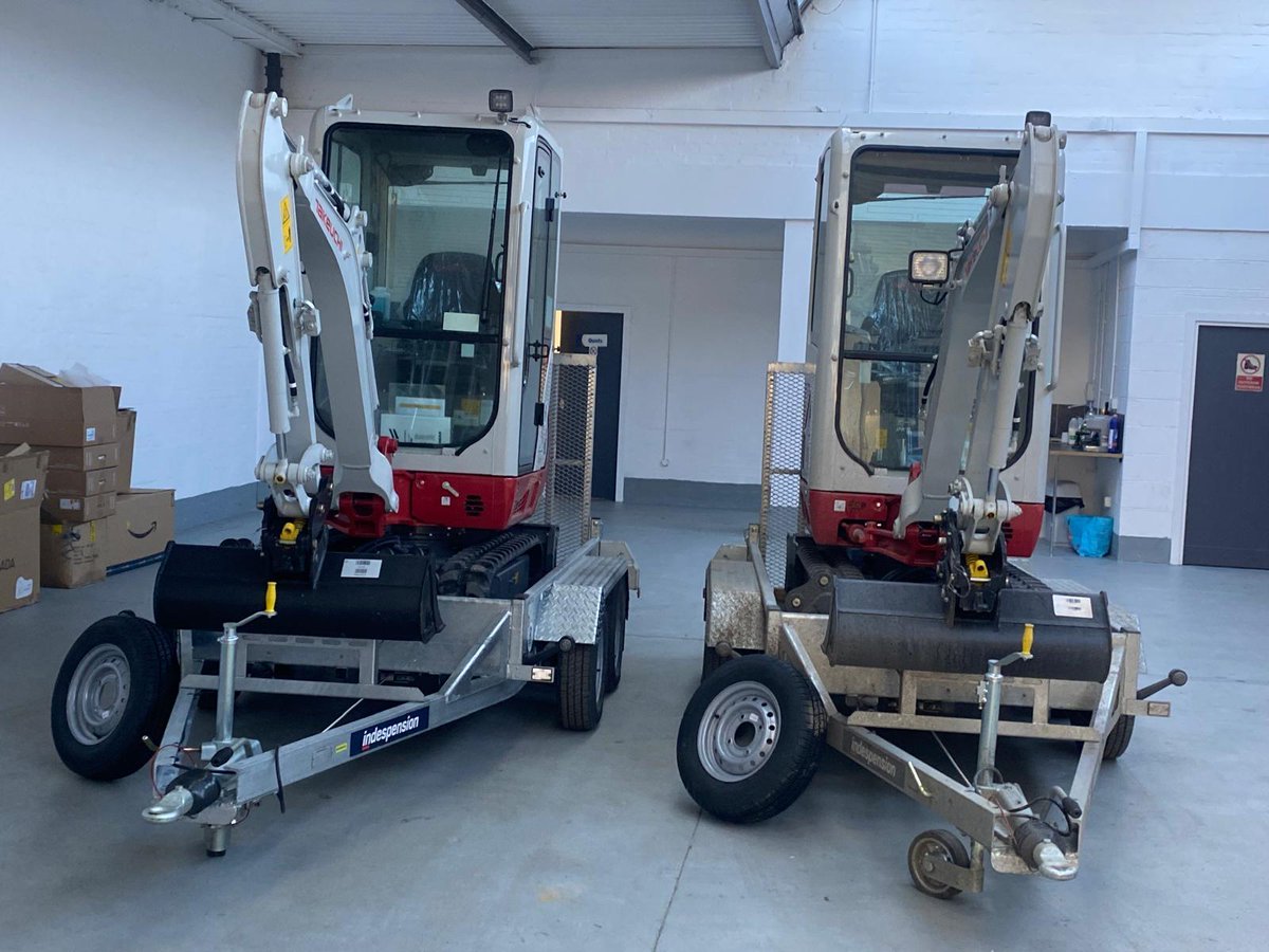 Russells_uk's tweet photo. We've just delivered **TWO brand new @Takeuchi TB 216 compact excavators** paired with top-notch @Indespension plant trailers from our Northallerton depot! 💪 A HUGE thank you to Matthew at Cartercom for trusting us with your equipment needs. https://t.co/KUySXTfxay