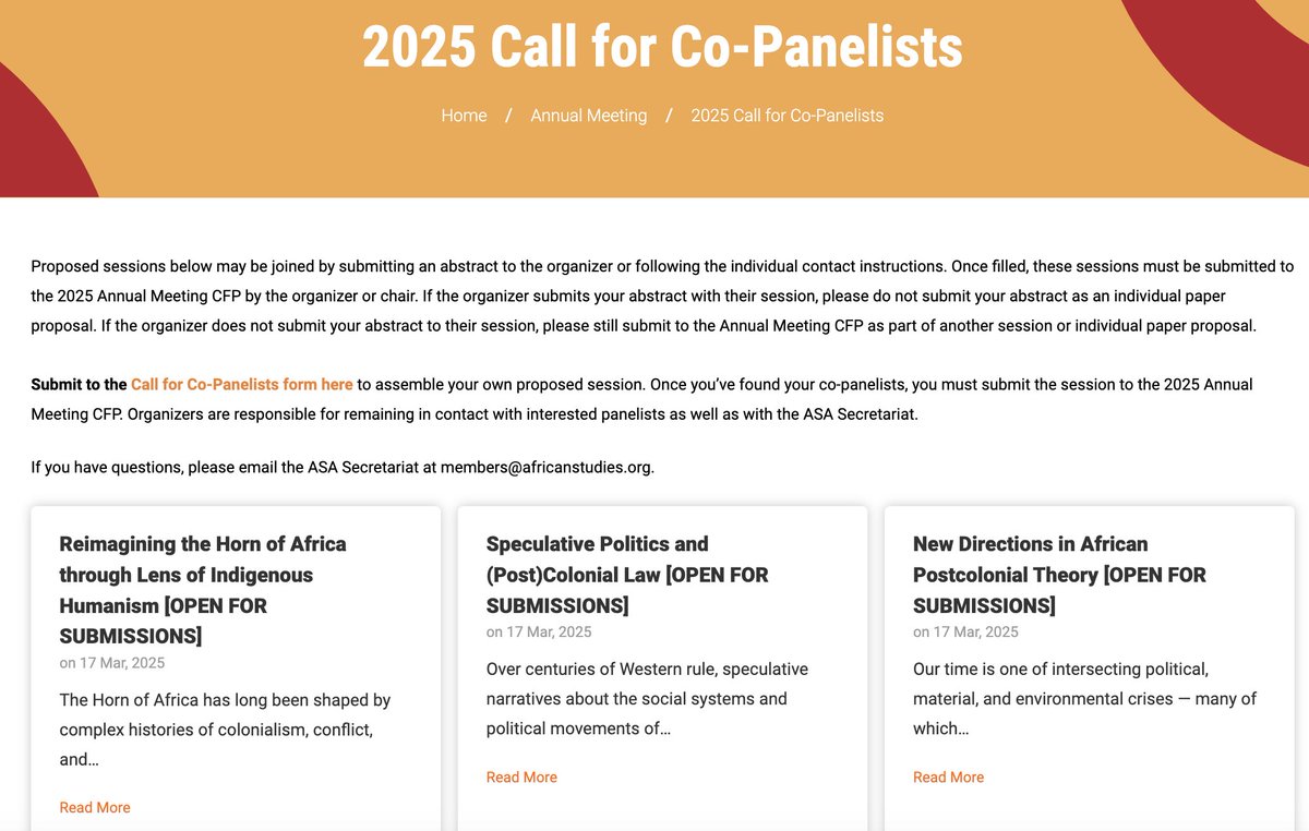 These 3 Call for Co-Panelists are open for submissions this week! Submit your abstract to one of these Calls today or to our CFP before this Saturday, March 22! Read the full Calls for Co-Panelists here: africanstudies.org/annual-meeting…