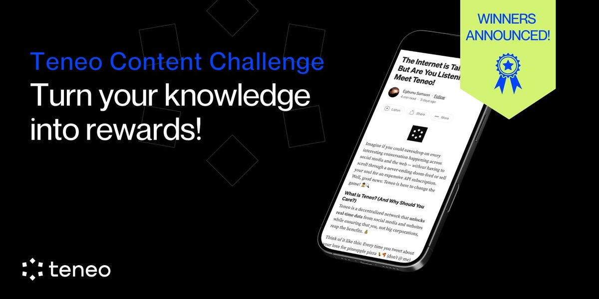 Teneo Protocol (@teneo_protocol) on Twitter photo Teneo Content Challenge: 𝗪𝗜𝗡𝗡𝗘𝗥𝗦 𝗔𝗡𝗡𝗢𝗨𝗡𝗖𝗘𝗗! 🎉
We were truly impressed by the creativity and quality of submissions, you nailed it!
Big thanks to everyone who participated! After much consideration, we’re excited to share the top 3 winners.
🥇 <a href="/AbigailZak20359/">achensmith .g | Voltix.ai 🦛🔺</a> Teneo Content Challenge: 𝗪𝗜𝗡𝗡𝗘𝗥𝗦 𝗔𝗡𝗡𝗢𝗨𝗡𝗖𝗘𝗗! 🎉
We were truly impressed by the creativity and quality of submissions, you nailed it!
Big thanks to everyone who participated! After much consideration, we’re excited to share the top 3 winners.
🥇 <a href="/AbigailZak20359/">achensmith .g | Voltix.ai 🦛🔺</a>