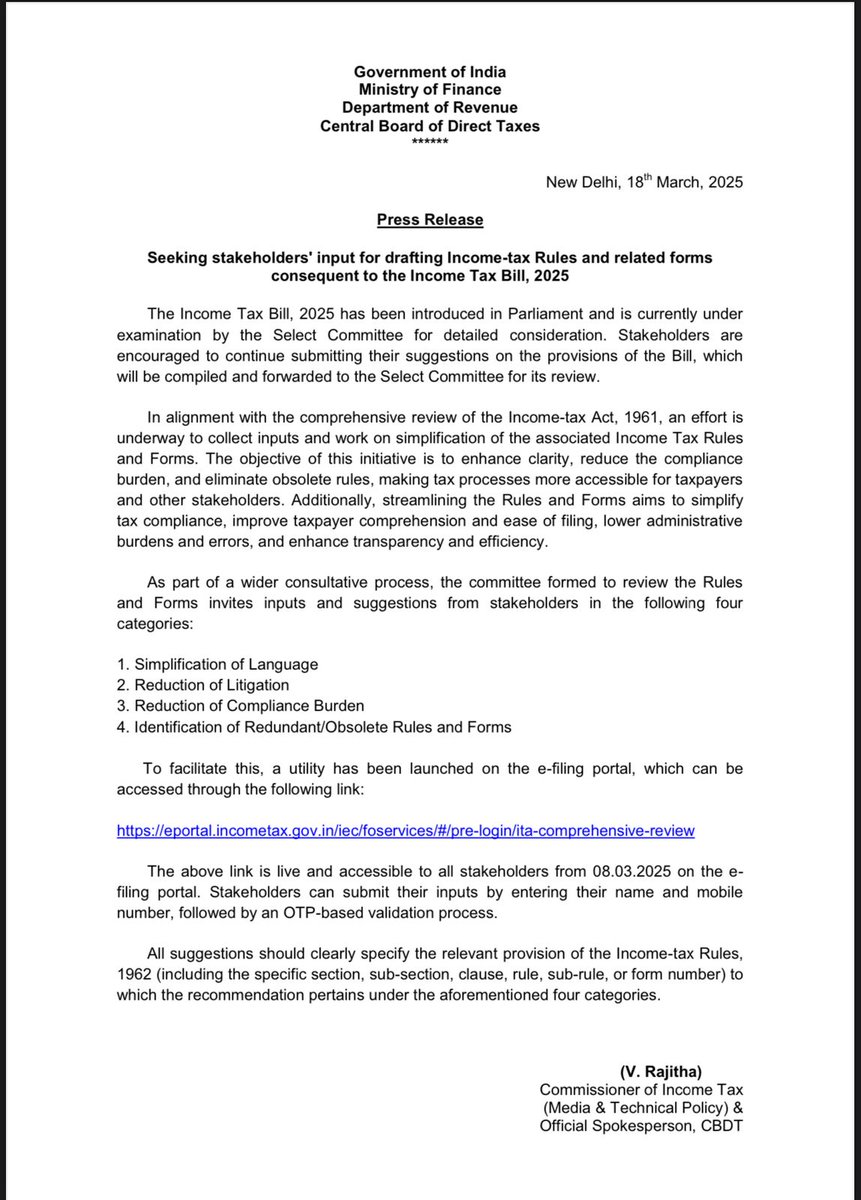 AICMAA's tweet image. 🔹 CDBT (@IncomeTaxIndia) Seeking Stakeholders&apos; Input for Drafting Income-tax Rules &amp;amp; Forms 🔹

The Income Tax Bill, 2025, is currently under examination, and as part of a comprehensive review, CBDT invites stakeholders to provide their valuable inputs on simplifying tax rules…