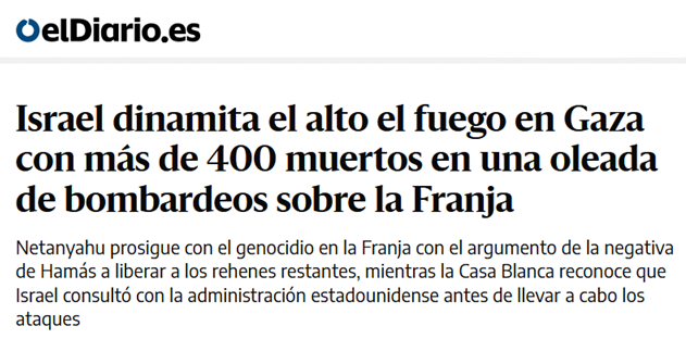 ‼️¡No hay paz para Gaza!

Más de 400 personas han sido asesinadas por los nuevos bombardeos, muchas niños y niñas. Además, Israel ha amenazado con retomar el combate terrestre y evacuado de nuevo los límites de la Franja. #NoAlGenocidioEnGaza #AltoElFuego

eldiario.es/internacional/…