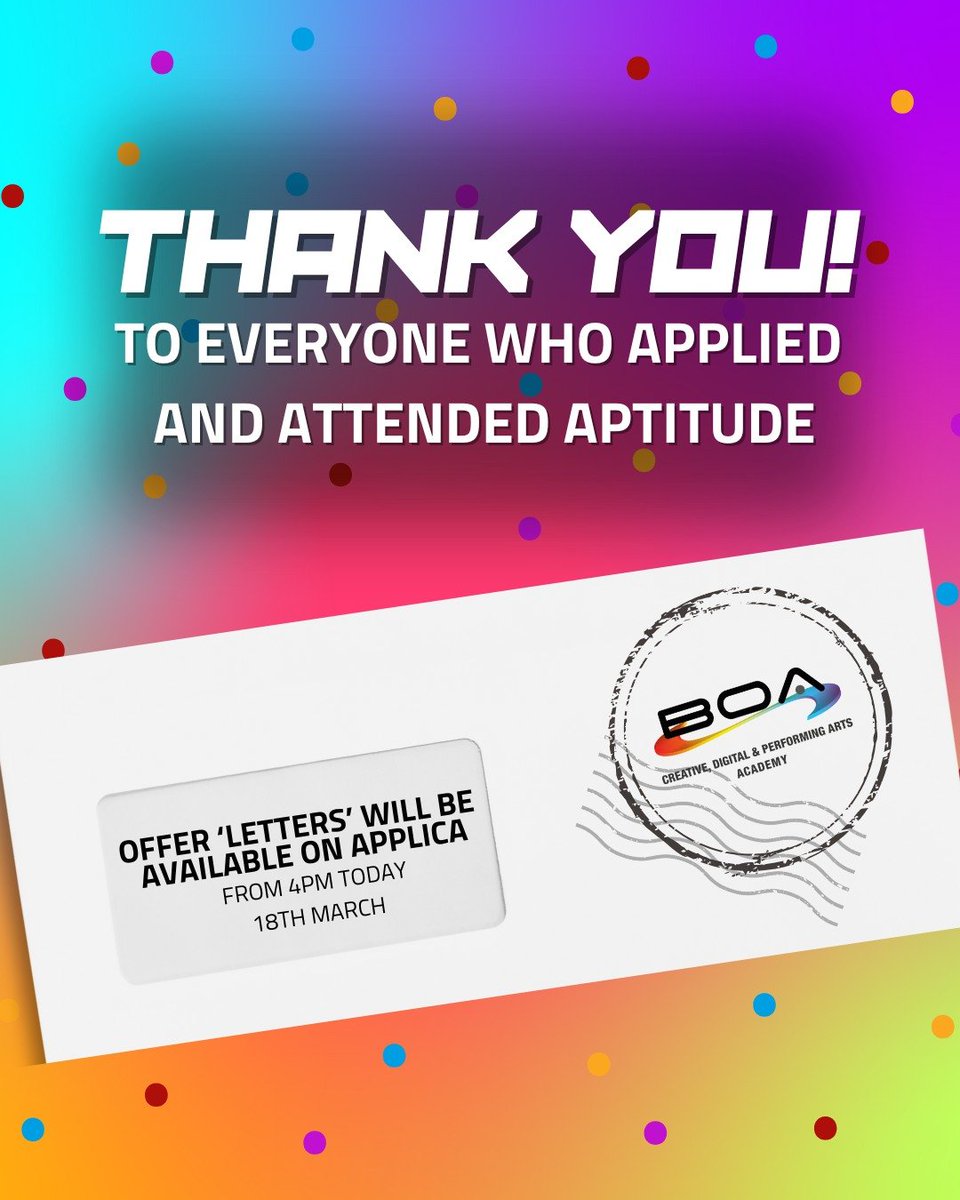 BOA Creative, Digital & Performing Arts Academy (@imagineboa) on Twitter photo OFFERS ARE OUT @ 4PM TODAY ๐
Thanks to all of you who have applied for a place to study with us in September. We were blown away by the record-breaking number of applications, and the standard has been incredibly high.
Check your inbox at 4pm for your result or visit Applicaa. OFFERS ARE OUT @ 4PM TODAY ๐
Thanks to all of you who have applied for a place to study with us in September. We were blown away by the record-breaking number of applications, and the standard has been incredibly high.
Check your inbox at 4pm for your result or visit Applicaa.