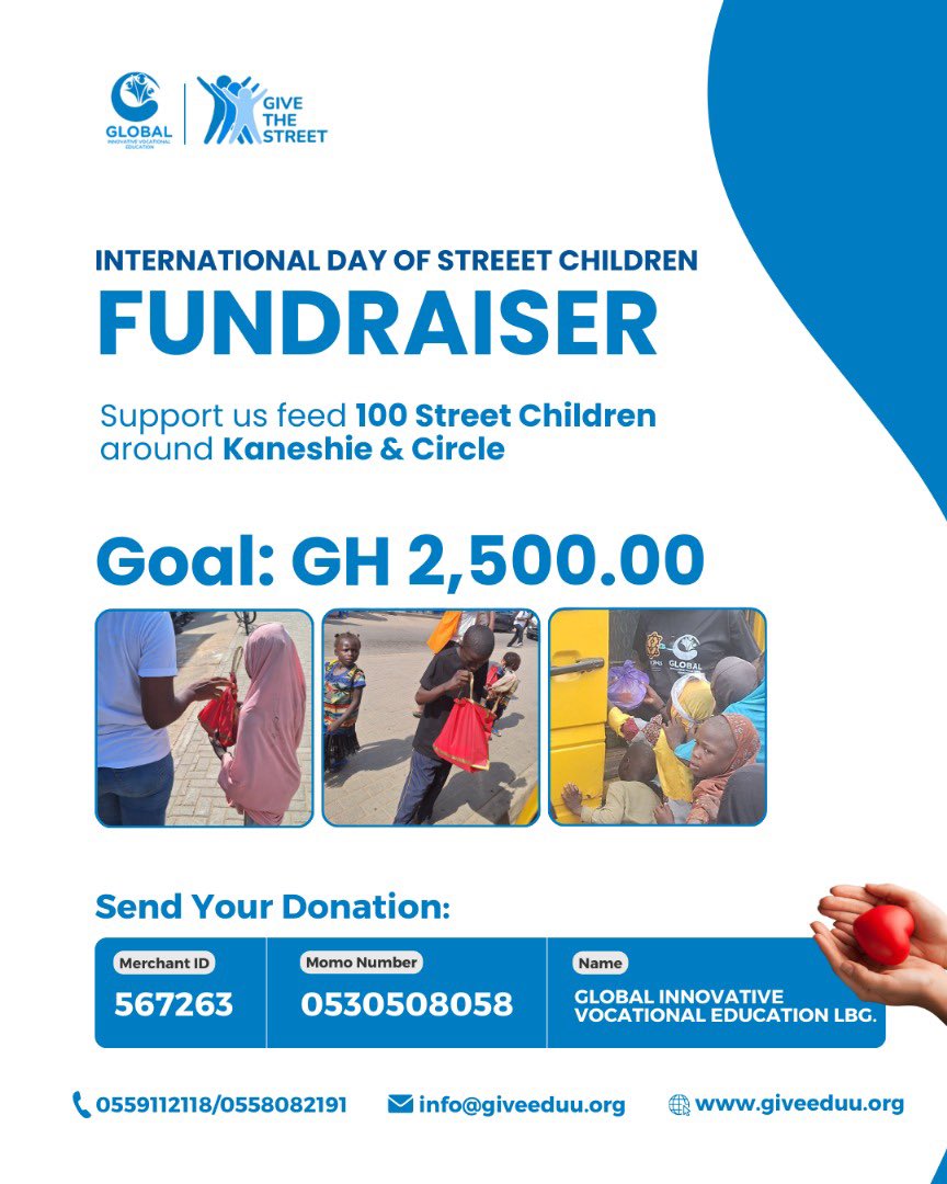 giveeduu's tweet photo. We are raising GH₵ 2,500 to feed 100 street children in Kaneshie &amp; Circle as we commemorate the International Day of Street Children.

Your donation can make a difference! 💙

📌 Momo Number: 0530508058
📌 Merchant ID: 567263
📌 Name: Global Innovative Vocational Education LBG https://t.co/qwf4qQ0y93