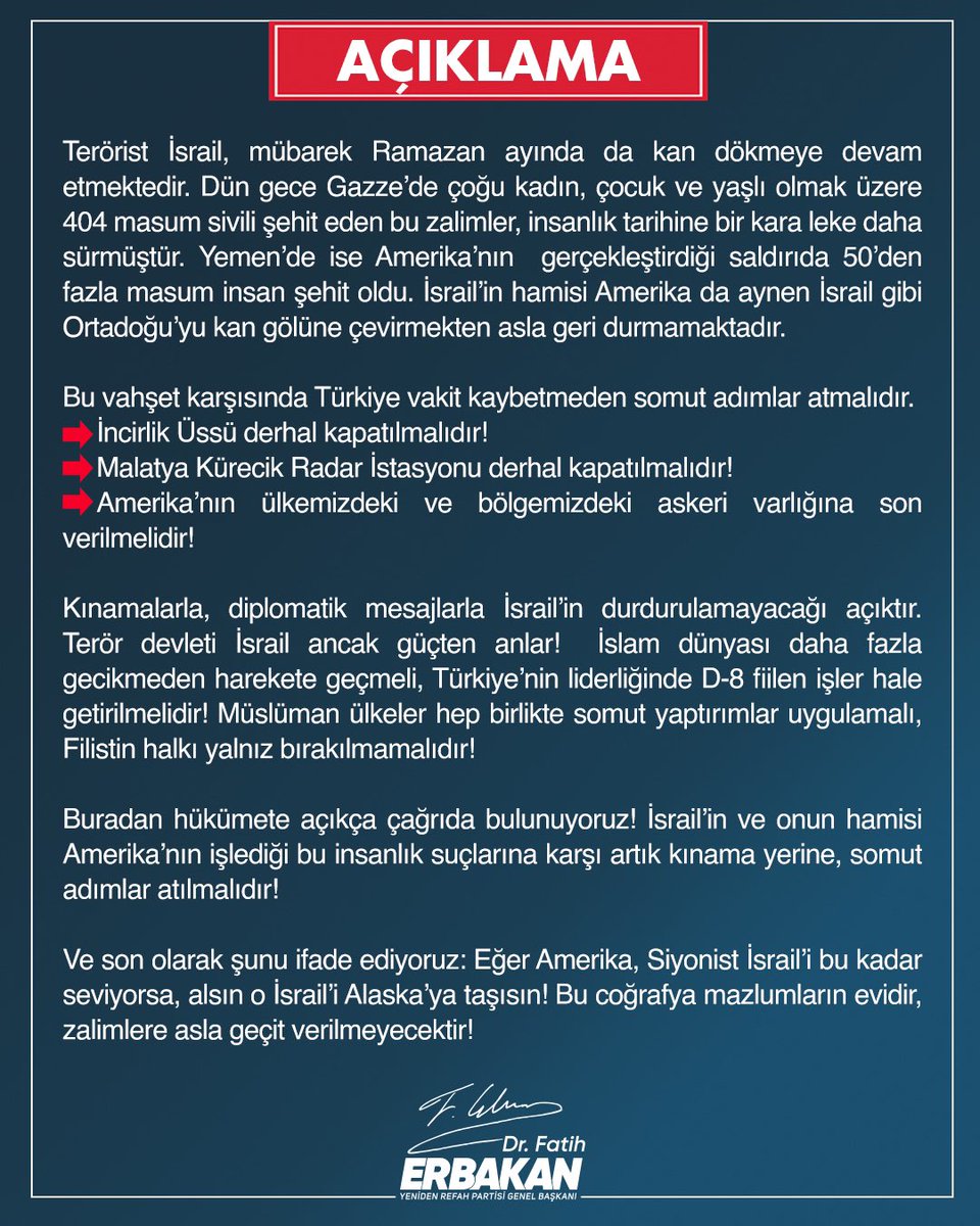 Genel Başkanımız Dr. Fatih Erbakan: “Eğer Amerika, Siyonist İsrail’i bu kadar seviyorsa, alsın o İsrail’i Alaska’ya taşısın!”