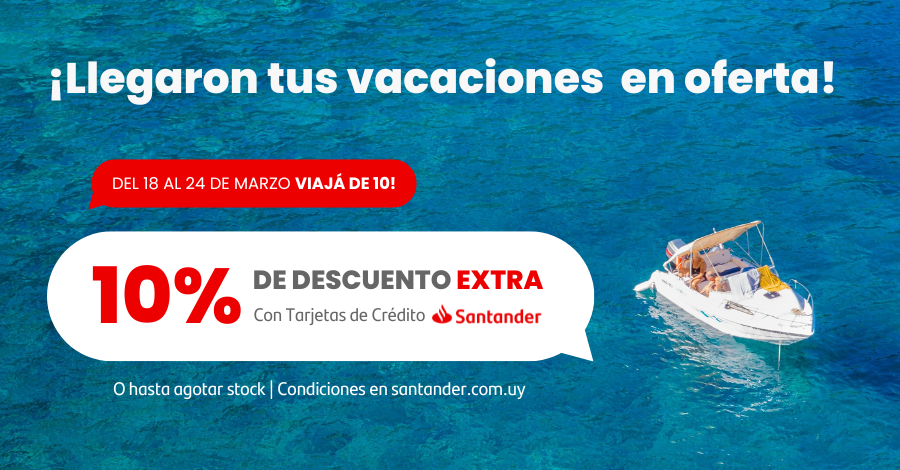 ¡Volvió el 10% OFF con tarjetas Santander! ✈️🏝️ Solo del 18 al 24 de marzo, tus vuelos, hoteles y paquetes ¡en oferta y con descuento!
👉 Mirá acá todas las promos tinyurl.com/ViajaDe10Volvio