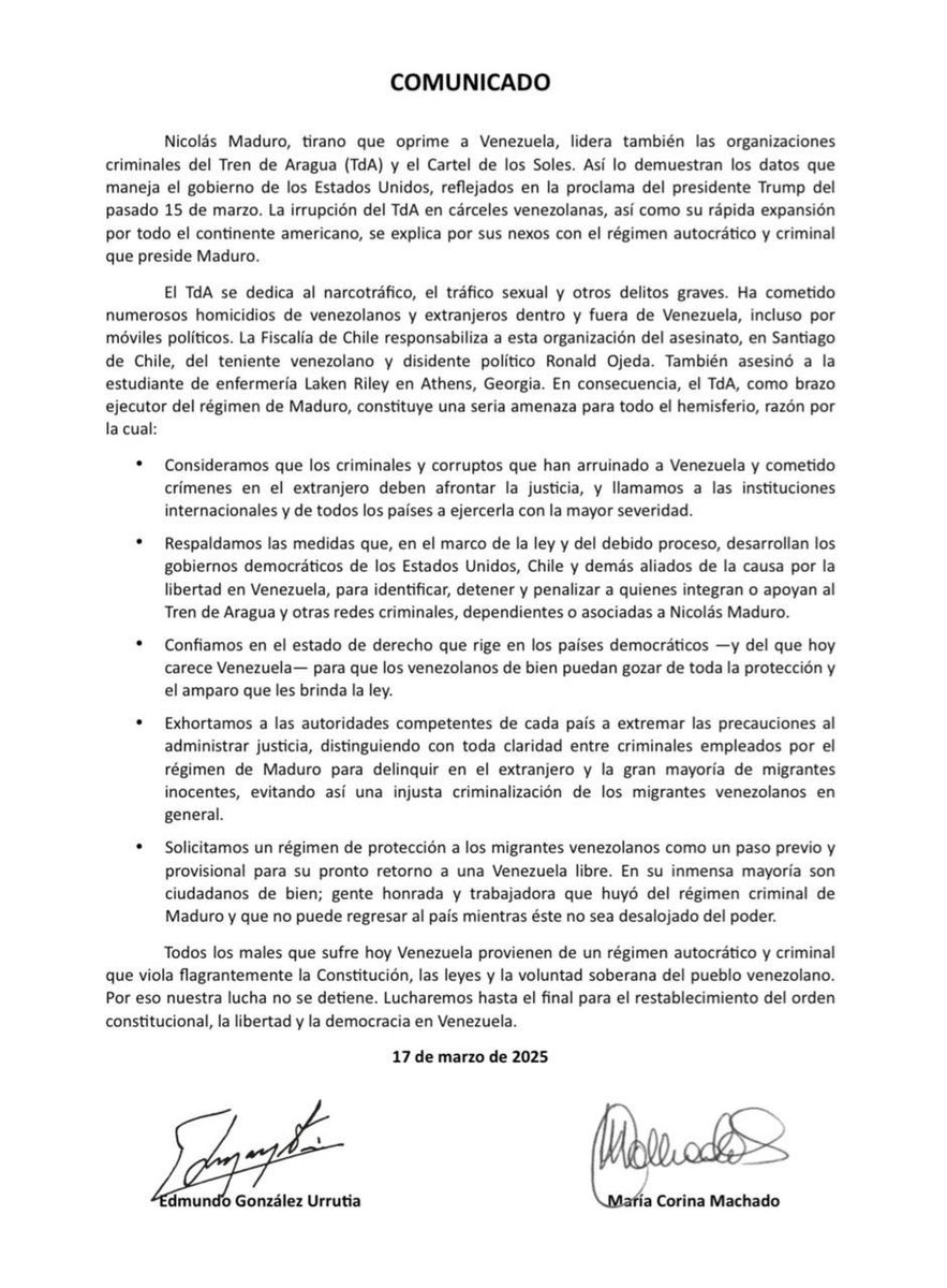 Con este comunicado anti-venezolano, rastrero y cobarde, la oposición Venezolana sentencia su propia derrota para las elecciones  de 2030... Nadie se vá a olvidar de como crearon tanto odio hacia los venezolanos y como denigran a Venezuela.