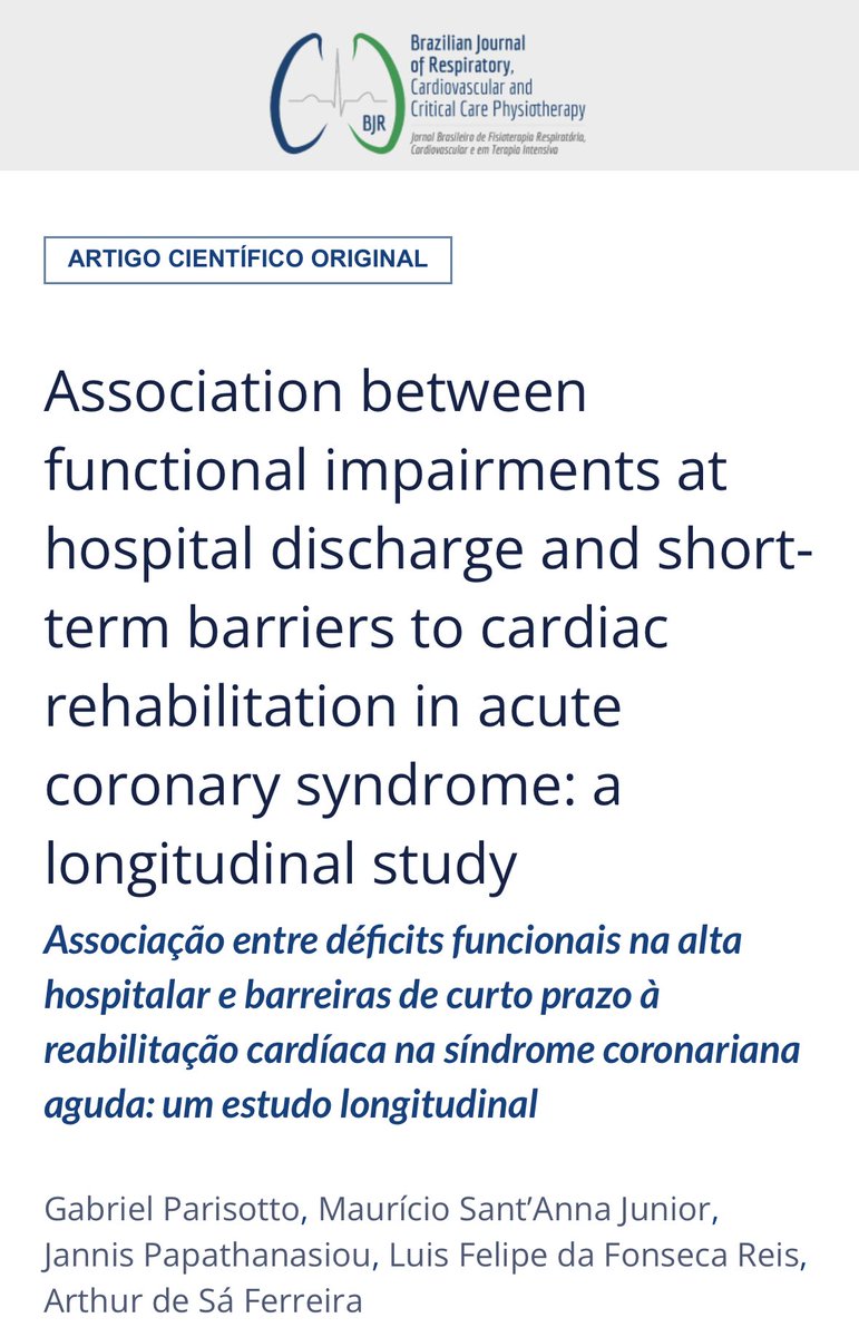 Arthur Sá Ferreira (@arthur_sf_br) on Twitter photo Association between functional impairments at hospital discharge and short-term #barriers to cardiac #rehabilitation in acute coronary syndrome #ACS: a longitudinal study
<a href="/LuisFelipeReis/">Luis Felipe Fonseca Reis</a>
<a href="/unisuam/">UNISUAM</a>
<a href="/ASSOBRAFIR/">ASSOBRAFIR</a>
dx.doi.org/10.47066/2966-… Association between functional impairments at hospital discharge and short-term #barriers to cardiac #rehabilitation in acute coronary syndrome #ACS: a longitudinal study
<a href="/LuisFelipeReis/">Luis Felipe Fonseca Reis</a>
<a href="/unisuam/">UNISUAM</a>
<a href="/ASSOBRAFIR/">ASSOBRAFIR</a>
dx.doi.org/10.47066/2966-…