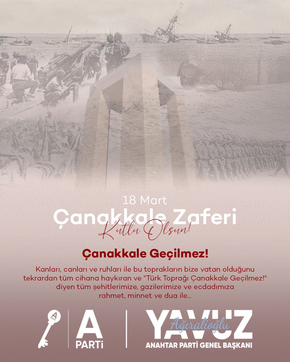 Çanakkale, Türk Milleti'nin yüzyıllar boyu unutulmayacak olan destanıdır.
Çanakkale, yaşamaktan çok yaşatma iradesinin adıdır!
Gazi Mustafa Kemal Atatürk, Enver Paşa, Cevat Paşa, Esat Paşa ve memleketine, milletine hesapsız adanmışlığıyla meşhur bir neslin, bu toprakları bir kez