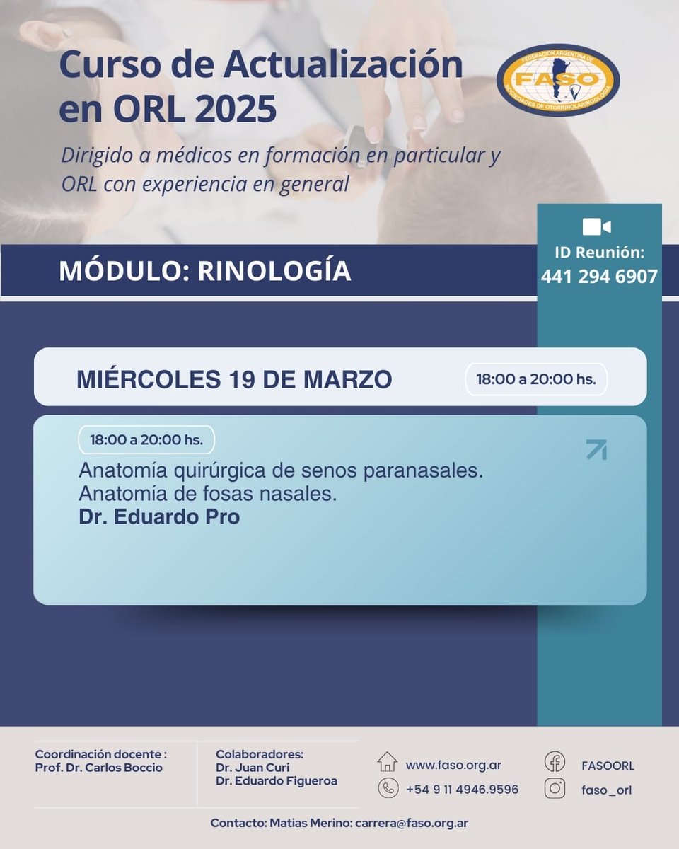 orl_fed's tweet photo. 📢Iniciamos el ciclo 2025 de la Carrera de Actualización en ORL
🔵 Módulo de Rinología
📅 Primera clase
🗓 Miércoles 19 de marzo | 🕕 18:00 hs
🎓 Dr. Eduardo Pro
📌 Temas a tratar:
✔ Anatomía quirúrgica de los senos paranasales
✔ Anatomía de las fosas nasales
💻 Modalidad: Zoom https://t.co/nJvVuCzH8R