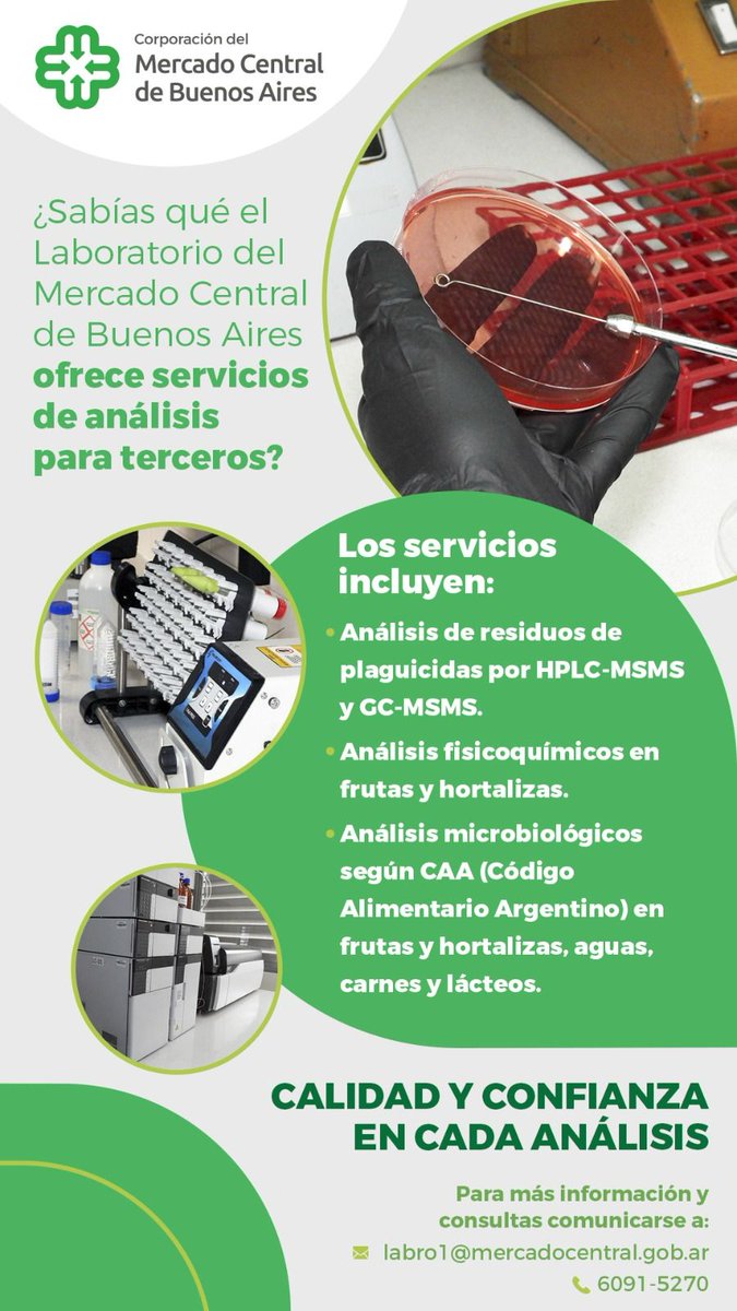 🔬 ¿Sabías que EL LABORATORIO 🧬 del Mercado Central de Buenos Aires ofrece servicios de análisis para terceros para garantizar la calidad y seguridad de los alimentos.

📞 Más info: 6091-5270 / 6091-5272
📩 labro1@mercadocentral.gob.ar