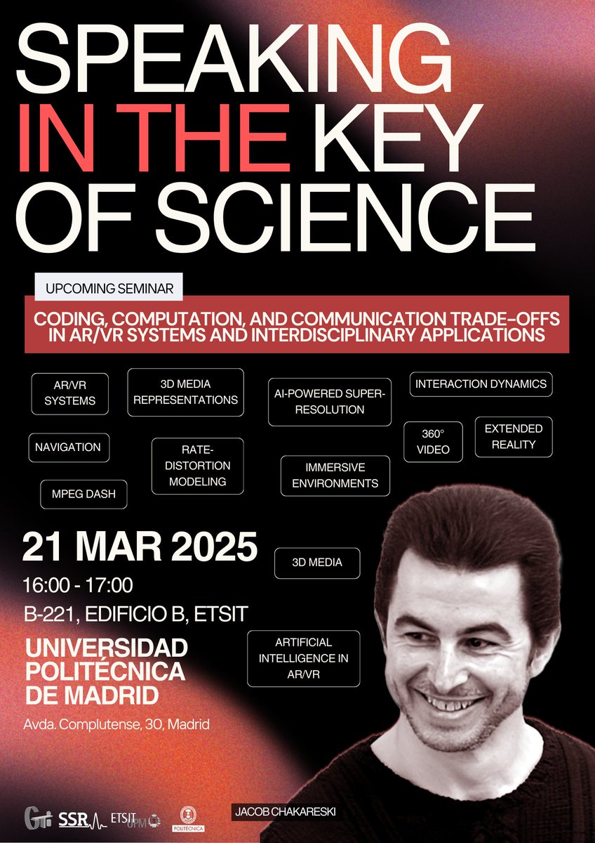 GTI_Dem-3DTV (@gti_dem3dtv) on Twitter photo #SpeakingInTheKeyOfScience Explore the future of AR/VR! Join us at the third seminar with Jacob Chakareski to dive into AI, XR, and 3D media innovations. Don't miss it! March 21 | 16:00 | <a href="/telecoupm/">ETS de Ingenieros de Telecomunicación - UPM</a> #GTIEvents #GTIResearch #GTISeminars #AI #VR #AR #XR #Science #technology <a href="/La_UPM/">Universidad Politécnica de Madrid</a> #SpeakingInTheKeyOfScience Explore the future of AR/VR! Join us at the third seminar with Jacob Chakareski to dive into AI, XR, and 3D media innovations. Don't miss it! March 21 | 16:00 | <a href="/telecoupm/">ETS de Ingenieros de Telecomunicación - UPM</a> #GTIEvents #GTIResearch #GTISeminars #AI #VR #AR #XR #Science #technology <a href="/La_UPM/">Universidad Politécnica de Madrid</a>