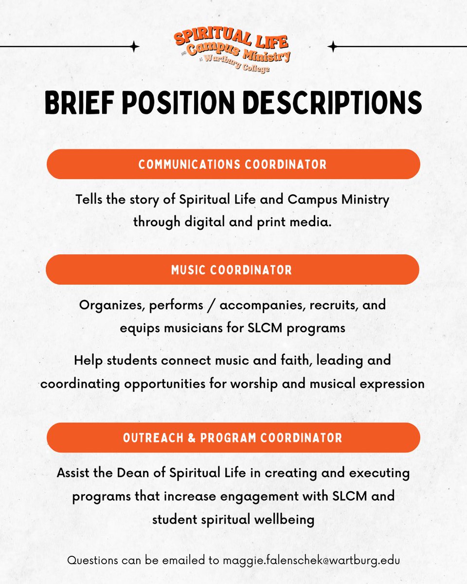 Wartburg SLCM is hiring three positions for the 2025-2026 school year! Be a part of the awesome team that helps students, faculty, and staff foster connection, purpose, and presence through Spiritual Life &amp; Campus Ministry!

Apply on Handshake today! 🤝