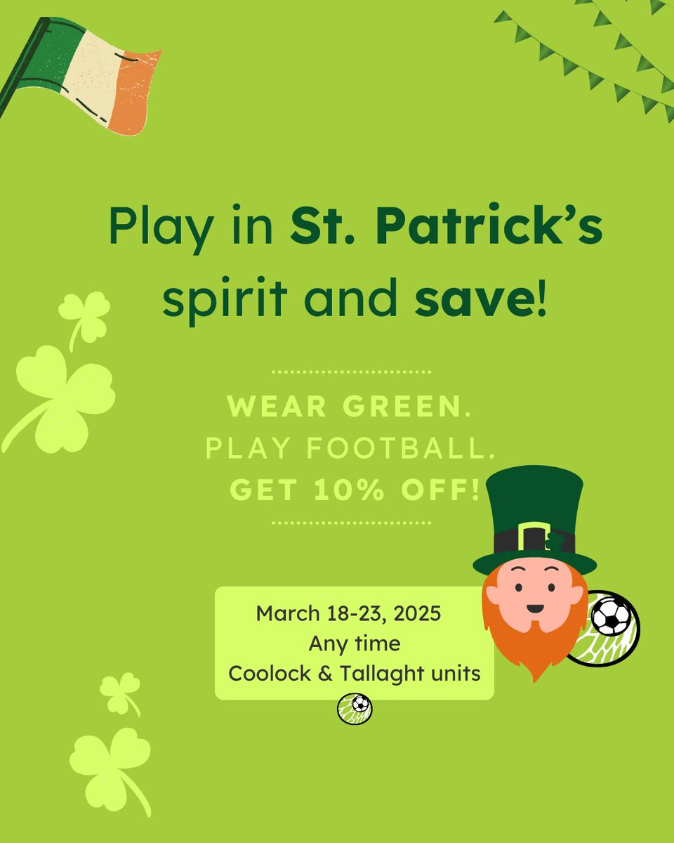AstroParkFooty's tweet photo. ⚽ Go green &amp; save! 🟢⚽

From March 18-23, wear green &amp; get 10% OFF your pitch hire at Astropark! ✅

✔ Book your pitch
✔ Show up in green
✔ Check in at reception

Don’t miss out—limited time only! ⏳📞 #StPatricksDay #Footballdublin #Astropark https://t.co/WsVuX7wSjB