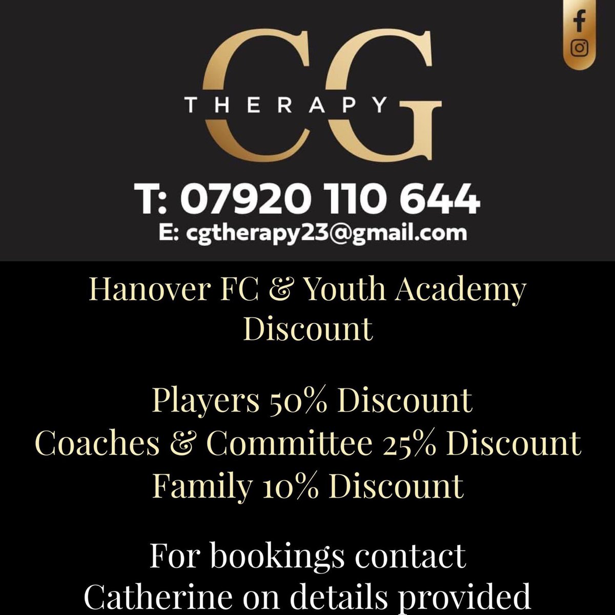 HanoverFC1's tweet photo. Our club physio, Catherine Graham at @CG Therapy, is offering a discount to club members and their families. 

Catherine has been a vital asset to Hanover FC since joining last season, and has done a fantastic job in making sure we keep our players on the pitch throughout the season across our men’s, ladies and youth teams. 

Catherine offers a friendly and professional service at great prices, so if you have any injuries or niggles that have been bothering you, or even for any massage, recovery or prevention work - now is a great opportunity to book. 

For any enquiries please contact Catherine on the details listed.