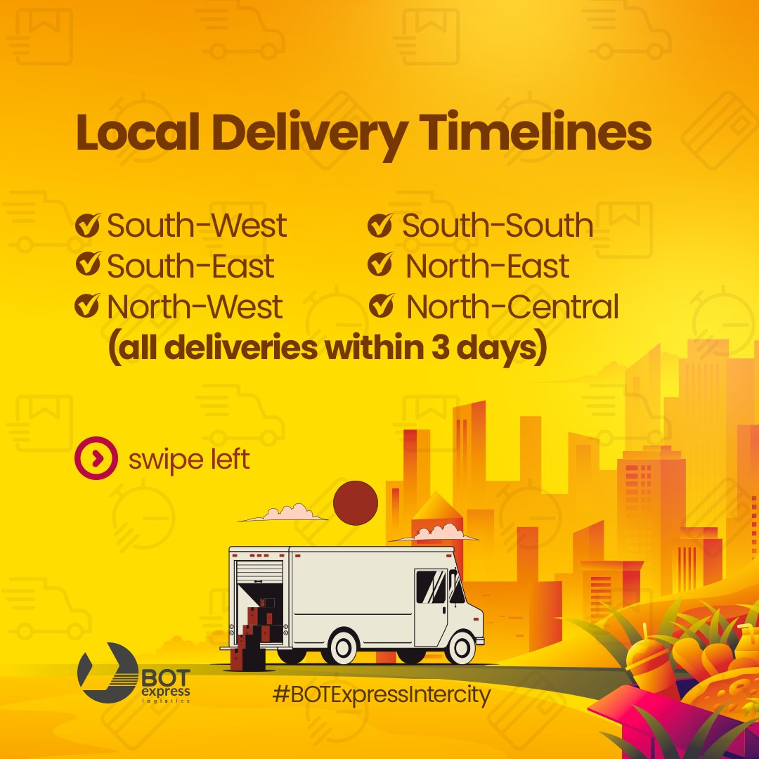 botexpresslog's tweet photo. No matter the location; local or international, we're always ON-TIME. 

Check the images below⬇️ to see all of our delivery timelines. 

#TrusteDelivery #BOTExpress #delivery https://t.co/0gfdbvy5OP