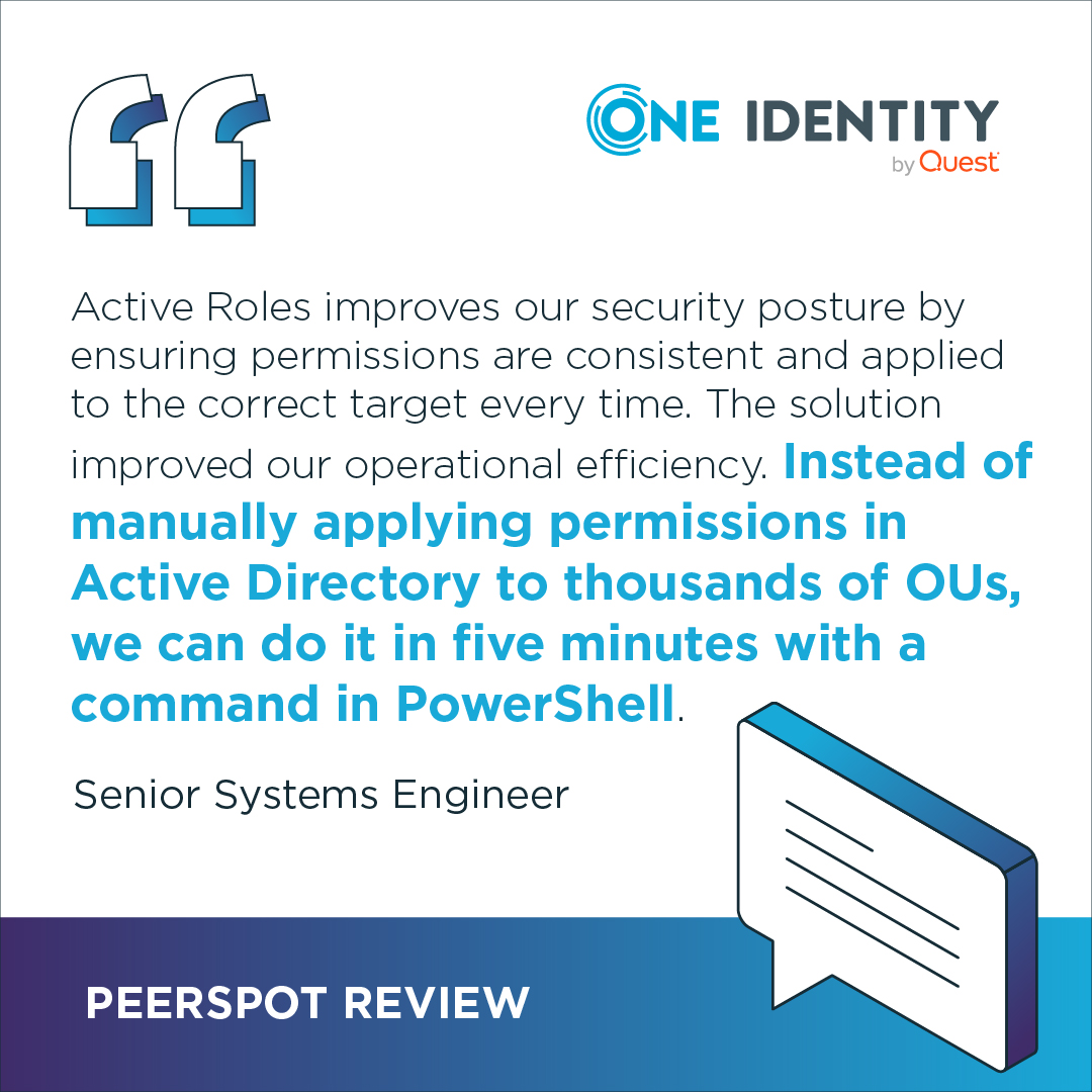 Manually managing permissions in Active Directory is a thing of the past. 

With Active Roles, you can enforce consistent security policies and apply permissions across thousands of OUs in mere minutes - saving time and shrinking risk. ✴️

#IdentityManagement #IAM #ActiveRoles