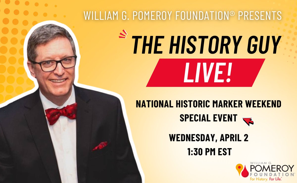William G. Pomeroy Foundation (@wgpfoundation) on Twitter photo Breaking news📣 The History Guy will keynote our first-ever summit for #NationalHistoricMarkerWeekend! Join us online for this live event at 1:30 p.m. EST on Wednesday, April 2. Register now for this special program with <a href="/history_yt/">The History Guy</a>! Sign up here: tinyurl.com/2txwf5nc Breaking news📣 The History Guy will keynote our first-ever summit for #NationalHistoricMarkerWeekend! Join us online for this live event at 1:30 p.m. EST on Wednesday, April 2. Register now for this special program with <a href="/history_yt/">The History Guy</a>! Sign up here: tinyurl.com/2txwf5nc