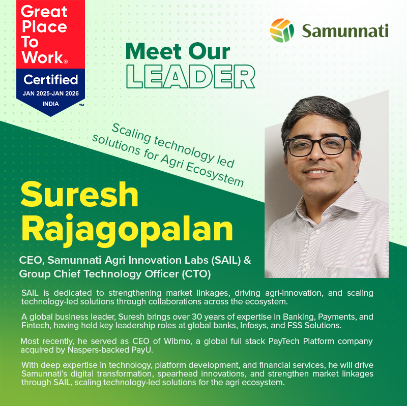 samunnati's tweet photo. Suresh Rajagopalan @mridusha joins Samunnati as CEO of Samunnati Agri Innovation Labs (SAIL) and Group Chief Technology Officer (CTO). With 30+ years of experience in Banking, Payments, and Fintech, he will lead Samunnati’s digital transformation, driving technology-led innovation, market linkages, and scalable solutions in agriculture.

We look forward to his leadership in guiding Samunnati’s next phase of tech-enabled growth and impact.

https://t.co/SMpnxsLDs4

#MeetOurLeader #Samunnati #AgriInnovation #DigitalTransformation #Leadership