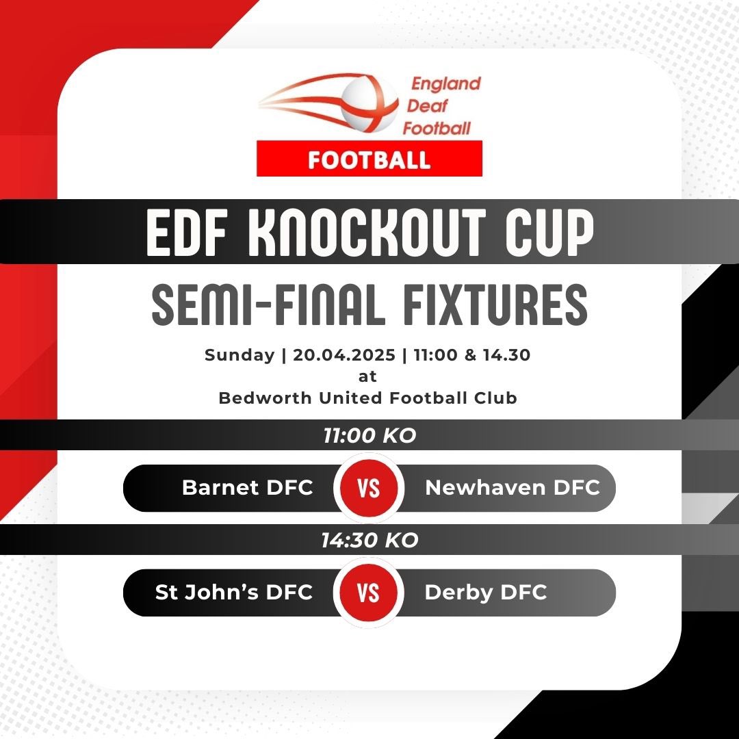 The draw for the semi-final matches has been made as follows: 
11:00am Kick-off: Barnet DFC vs. Newhaven DFC

2:30pm Kick-off: St. John's DFC vs. Derby DFC

Venue:
Bedworth United FC
The Oval
Coventry Road, Bedworth
CV12 8NN

Information for the day will be sent out shortly.