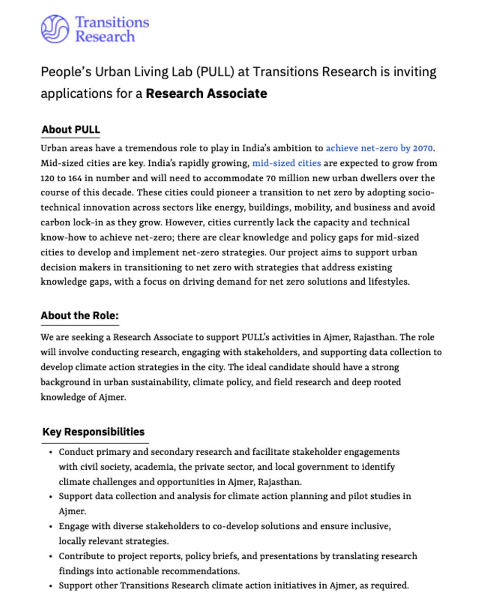 ApecsProjects's tweet image. 🚨 We&apos;re Hiring! 🚨

Transitions Research (PULL) is looking for a Research Associate in Ajmer, Rajasthan!

If you&apos;re passionate about urban sustainability &amp;amp; climate policy, apply now!

📩 Send your resume, cover letter &amp;amp; writing sample to hello@transitionsresearch.org