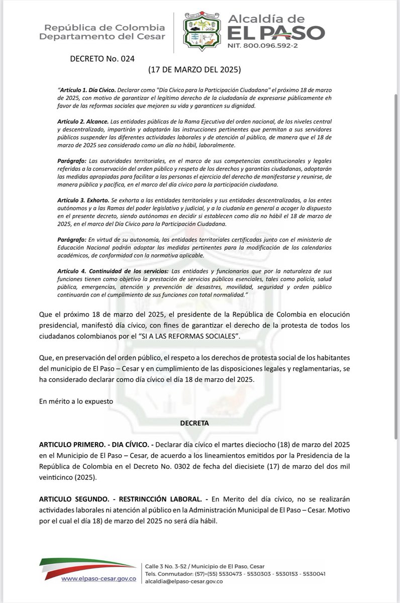 JAOC06's tweet photo. Desde el municipio de El Paso-Cesar, nos acogimos a las directrices d nuestro Pte @petrogustavo decretando cívico el día de hoy para que nuestra comunidad pueda salir a marchar pacífica y libremente. @AntonioSanguino @GustavoBolivar @infopresidencia @laurisarabia @AABenedetti https://t.co/4LnVHBFIlo