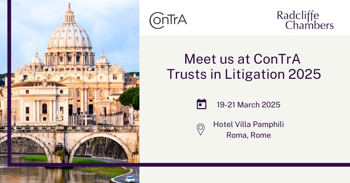 Radcliffe Chambers (@radcliffechmbrs) on Twitter photo Tomorrow our Private Client team will be attending <a href="/ConTrA_socials/">ConTrA (The Contentious Trusts Association)</a> Trusts in Litigation Conference in Rome, which we are delighted to be event partners once again.
William Moffett, Marcus Flavin, Josh Lewison, Wendy Mathers, Daniel Burton, Henry Day, Sophia Rogers, Matthew Tomorrow our Private Client team will be attending <a href="/ConTrA_socials/">ConTrA (The Contentious Trusts Association)</a> Trusts in Litigation Conference in Rome, which we are delighted to be event partners once again.
William Moffett, Marcus Flavin, Josh Lewison, Wendy Mathers, Daniel Burton, Henry Day, Sophia Rogers, Matthew