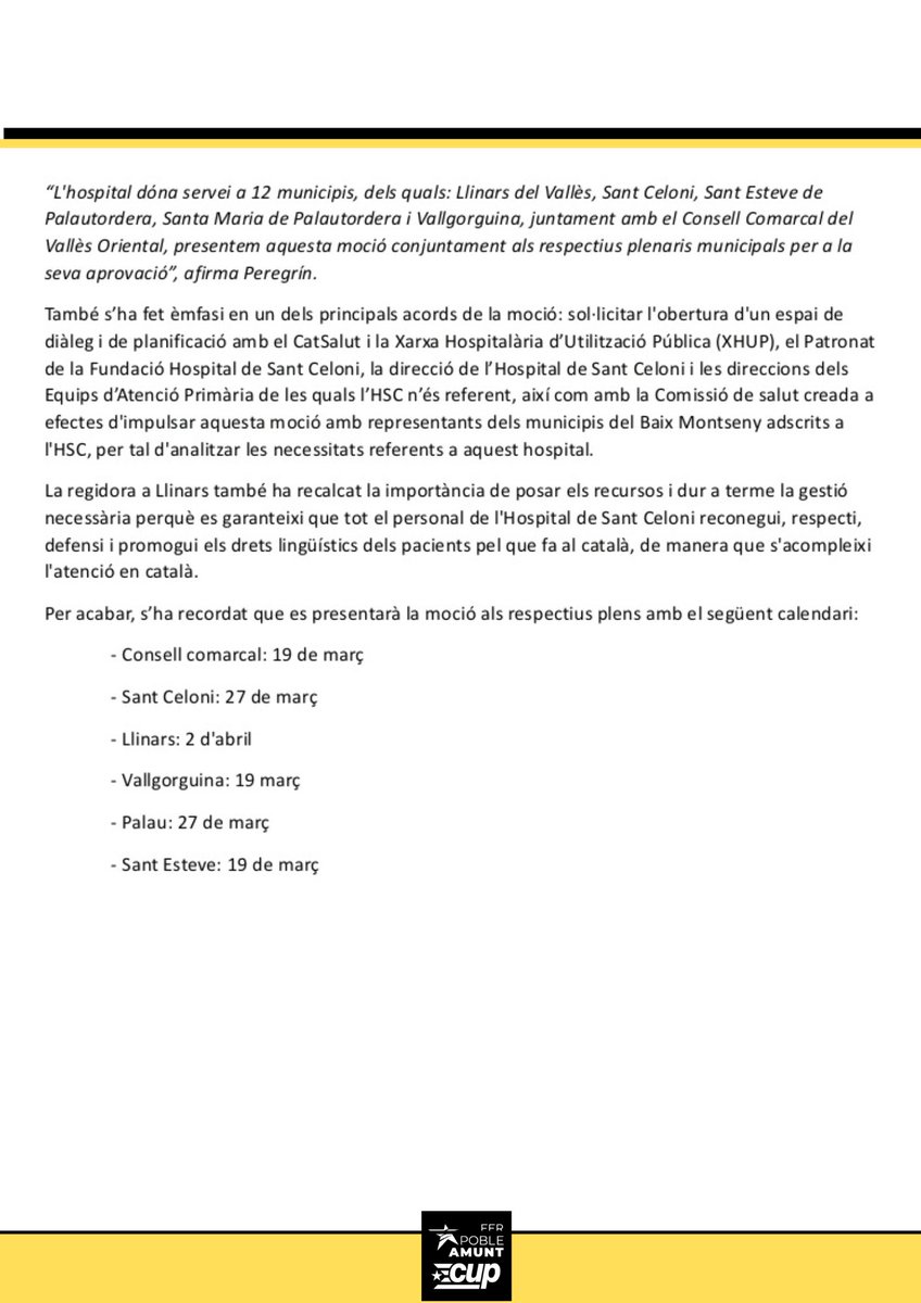 🟨 Per Fer Poble, el dret a la salut és un dret bàsic

📝 El proper 2 d'abril presentem una moció municipal a <a href="/ajllinarsvalles/">Llinars del Vallès</a> de forma coordinada amb les CUP del #BaixMontseny per demanar una millora en l’atenció sanitària de l’Hospital de Sant Celoni de <a href="/salutcat/">Salut</a>