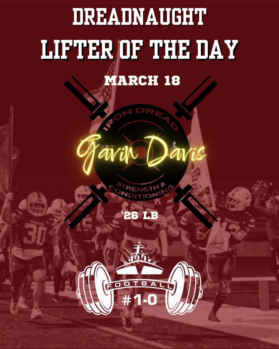 <a href="/GavinDavis57071/">Gavin Davis</a> is our Dreadnaught Lifter of the Day! The freshman QB has been committed to his overall development this off-season. #1-0 #GoDreads <a href="/irondread_sc/">Irondread_sc</a>