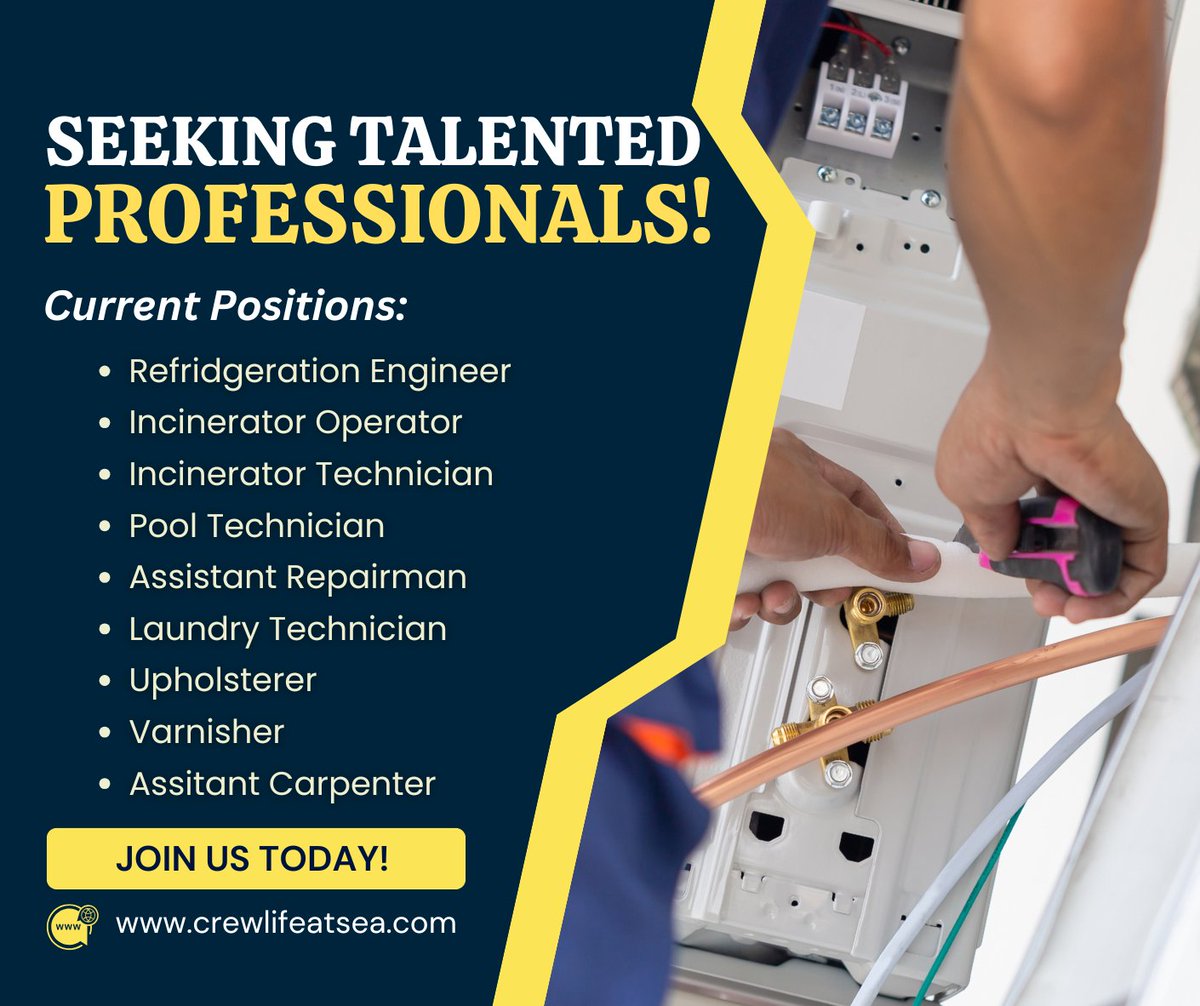 📷 Professionals! We’re Seeking Talented Individuals! 📷
Join our team and explore exciting opportunities in various technical roles on board!
Current Positions Available:
📷 Refrigeration Engineer
📷 Incinerator Operator
📷 Incinerator Technician
📷 Pool Technician
📷 Hotel