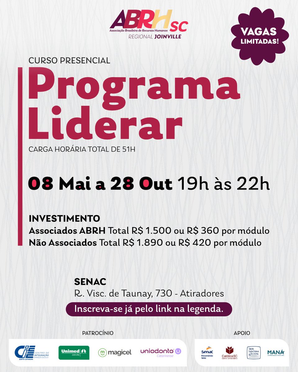 Invista na sua carreira, a ABRH Joinville quer participar da sua trajetória e te ajudar a alcançar novos patamares de forma prática.

Inscreva-se pelo link - app.higestor.com.br/inscricao/1394…

#Liderar #LiderançaTransformadora #DesenvolvimentoProfissional #Inovação