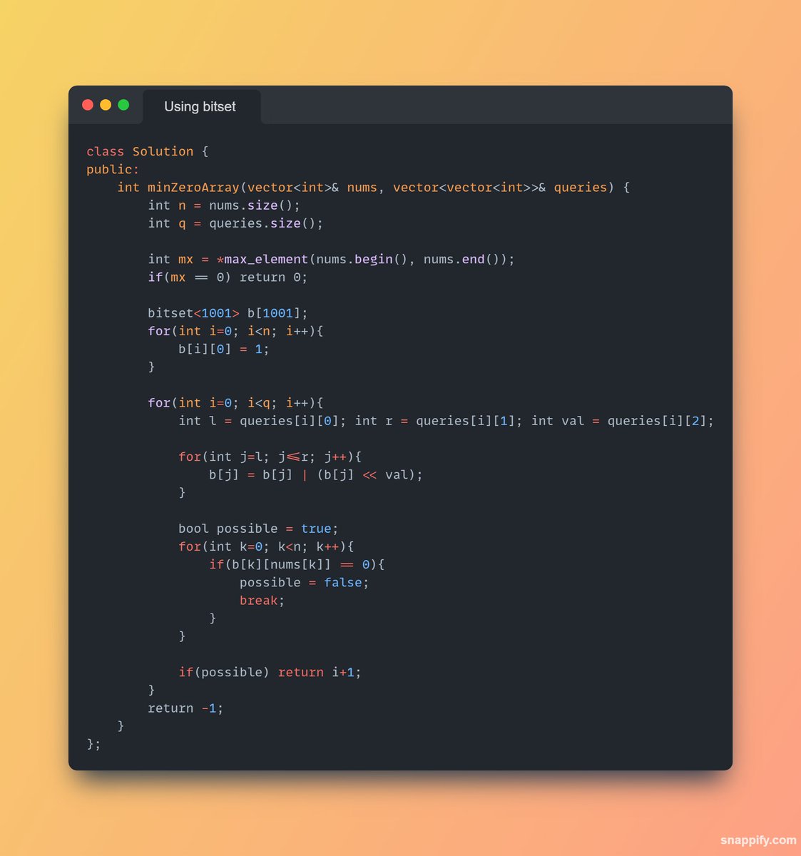 smoothcoperator's tweet image. Bitset is an interesting data structure, not many people know about it
Sunday&apos;s LC contest Q3 becomes simpler when solved by bitset.
Reference material for bitset 
codeforces.com/blog/entry/735…
LC Q3
leetcode.com/problems/zero-…
Extra practice question codechef.com/problems/ODTPIC