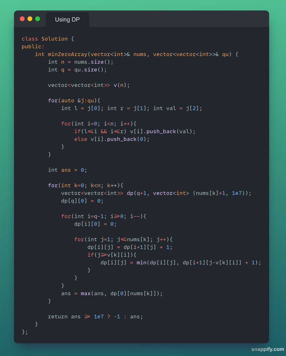 smoothcoperator's tweet image. Bitset is an interesting data structure, not many people know about it
Sunday&apos;s LC contest Q3 becomes simpler when solved by bitset.
Reference material for bitset 
codeforces.com/blog/entry/735…
LC Q3
leetcode.com/problems/zero-…
Extra practice question codechef.com/problems/ODTPIC