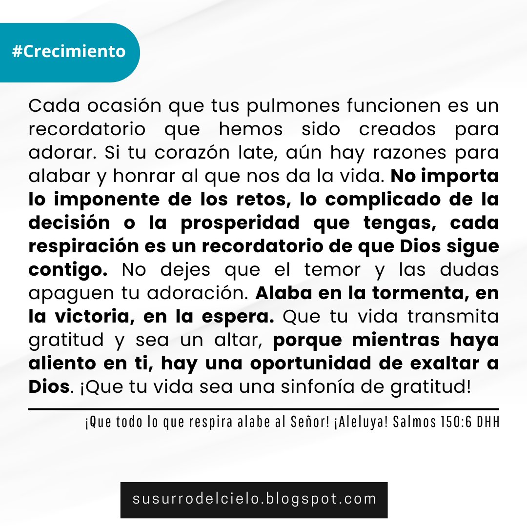 Si respiras, tienes un propósito. 💛🔥 Cada aliento es un regalo de Dios, una razón para alabar. No dejes que el miedo apague tu fe. Alaba en la tormenta, en la victoria, en la espera. Que tu vida sea un eco de gratitud. 🙌✨ 
#SusurroDelCielo 
#Alaba