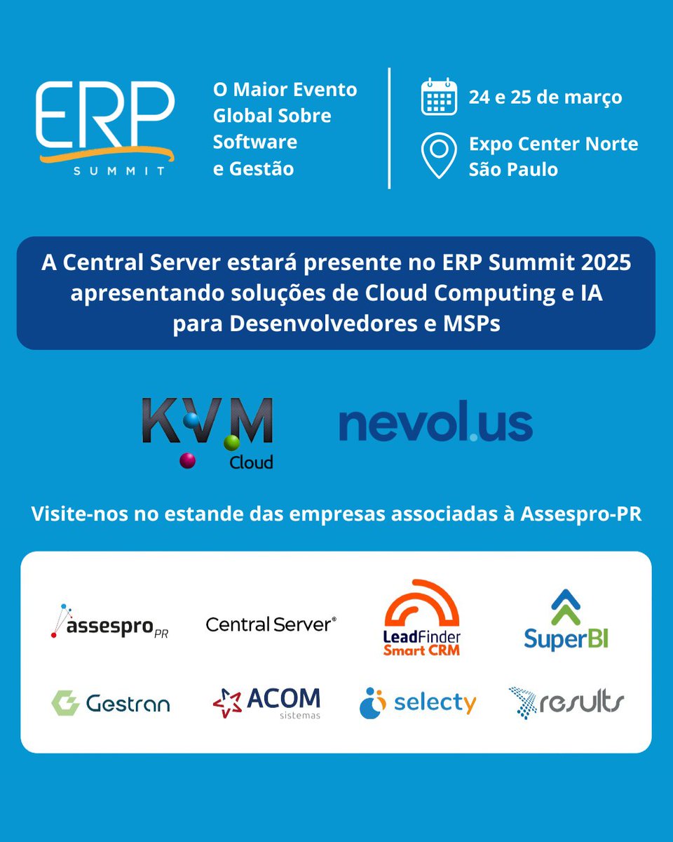 centralserver's tweet image. A Central Server vai participar do ERP Summit 2025!

No evento, vamos apresentar nossas soluções para Desenvolvedores e MSPs: KVM Cloud e Nevolus IA.

📌 Venha conversar conosco no stand da Assespro-PR.
🎟️ Garanta seu ingresso no site oficial do evento: erpsummit.com.br