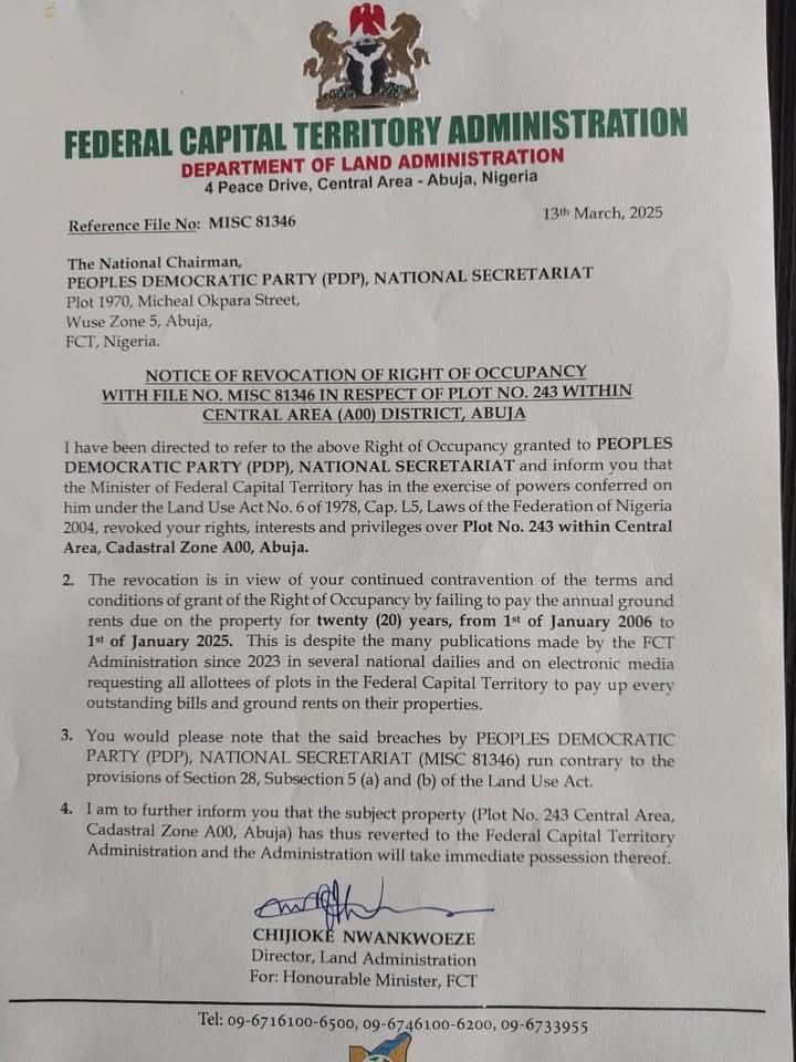 FCT Minister Nyesome Wike revokes PDP New Secretariat Land in Central Area, Abuja.