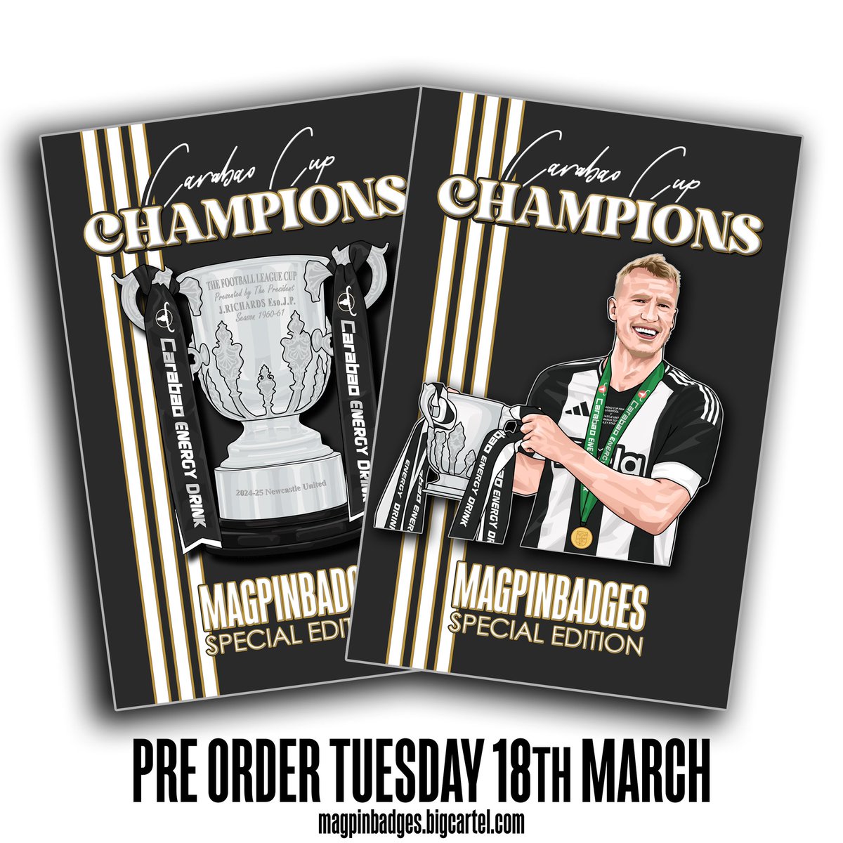 🏆 𝘾𝙃𝘼𝙈𝙋𝙄𝙊𝙉𝙎 🏆

Trophy &amp; Dan Burn pin badges will be available to pre-order this evening @ 6pm! 

For your chance to win both badges;

- Retweet this tweet 🔁
- Follow <a href="/Magpin1/">Magpin</a> ✅

Winner announced shortly before 6pm tonight. Good luck! #NUFC

magpinbadges.bigcartel.com