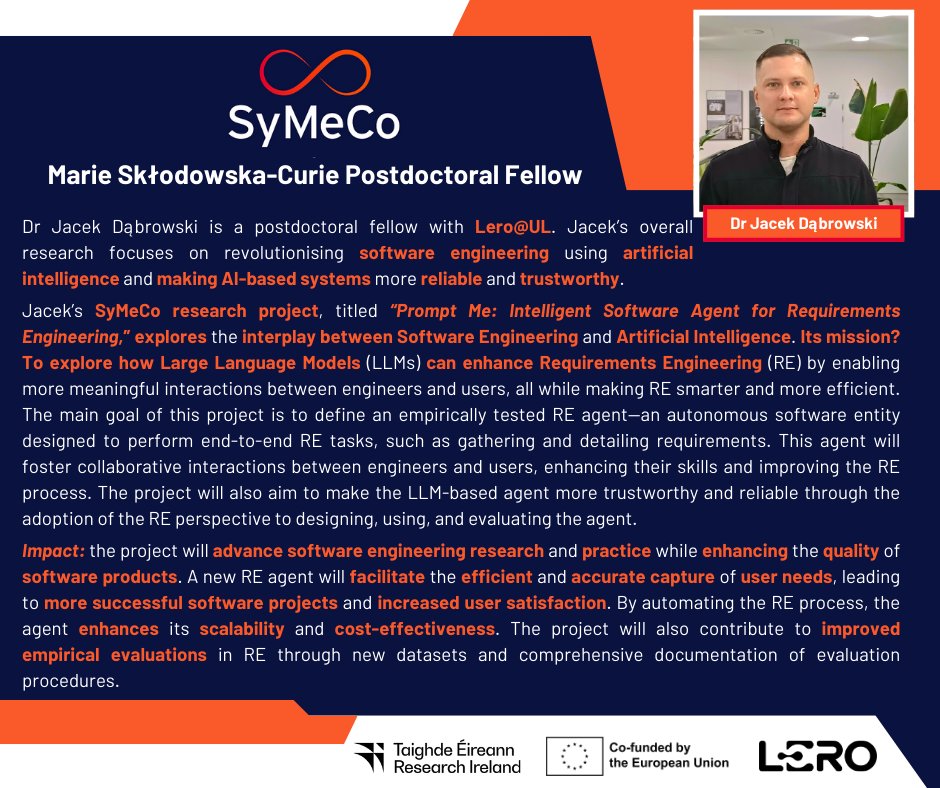 SyMeCo Fellowships (@symecocofund) on Twitter photo 💫Meet our #SyMeCoCOFUND fellow Jacek Dąbrowski <a href="/LeroCentre/">Lero</a> <a href="/UL_Research/">UL Research</a>.
Learn more about Jacek’s <a href="/Researchirel/">Research Ireland</a> <a href="/HorizonEU/">Horizon Europe 🇪🇺</a>
<a href="/MSCActions/">Marie Skłodowska-Curie Actions</a> funded #AI #RequirementsEngineering project➡️prompt-me.lero.ie.
Check out➡️symeco.lero.ie for info on SyMeCo fellowships. 💫Meet our #SyMeCoCOFUND fellow Jacek Dąbrowski <a href="/LeroCentre/">Lero</a> <a href="/UL_Research/">UL Research</a>.
Learn more about Jacek’s <a href="/Researchirel/">Research Ireland</a> <a href="/HorizonEU/">Horizon Europe 🇪🇺</a>
<a href="/MSCActions/">Marie Skłodowska-Curie Actions</a> funded #AI #RequirementsEngineering project➡️prompt-me.lero.ie.
Check out➡️symeco.lero.ie for info on SyMeCo fellowships.