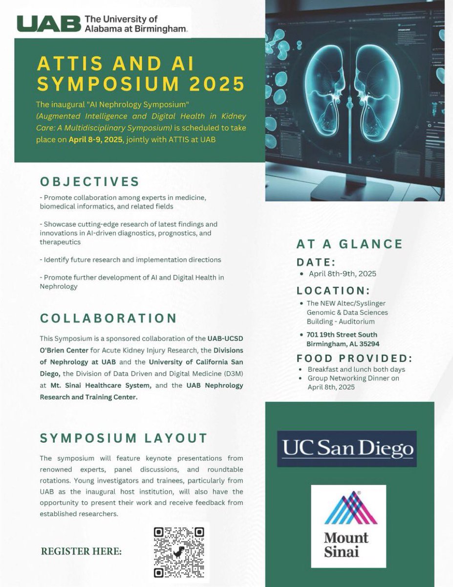 CRRT_Academy (@uab_crrt) on Twitter photo The inaugural "AI Nephrology Symposium" ("Augmented Intelligence and Digital Health in Kidney Care: A Multidisciplinary Symposium") - April 8-9, 2025, jointly with ATTIS in person at UAB - Genomic & Data Sciences Building - Auditorium <a href="/javo_neyra/">Javier Neyra</a> <a href="/girish_nadkarni/">Girish Nadkarni</a> <a href="/ucsdnephrology/">UCSD Nephrology</a> The inaugural "AI Nephrology Symposium" ("Augmented Intelligence and Digital Health in Kidney Care: A Multidisciplinary Symposium") - April 8-9, 2025, jointly with ATTIS in person at UAB - Genomic & Data Sciences Building - Auditorium <a href="/javo_neyra/">Javier Neyra</a> <a href="/girish_nadkarni/">Girish Nadkarni</a> <a href="/ucsdnephrology/">UCSD Nephrology</a>