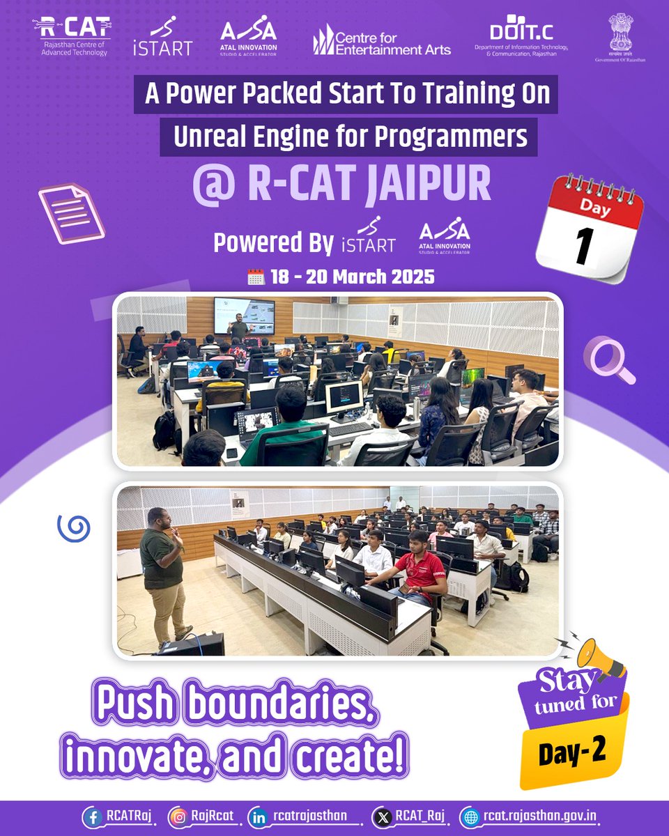 rajrcat's tweet image. 🚀 A Power-Packed Start to Training on Unreal Engine for Programmers!

📍 R-CAT JAIPUR
🔋 Powered By ISTART &amp;amp; Atal Innovation Studio &amp;amp; Accelerator 

📅 18 - 20 March 2025

⚡ Push boundaries, innovate, and create!

📢 Stay tuned for Day 2!

#UnrealEngine  #AdvancedCoding  #RCAT