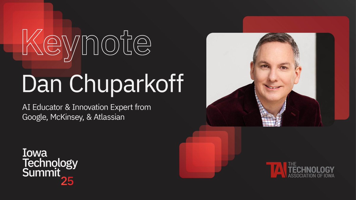 Technology Association of Iowa (@technologyiowa) on Twitter photo We’re pleased to welcome Dan Chuparkoff (<a href="/Chuparkoff/">Dan Chuparkoff</a>) as the keynote speaker at this year’s Iowa Technology Summit.
In his keynote, “AI & The Future of Teams,” he will explore how AI is reshaping industries, workflows, and organizational structures.
🔗 technologyiowa.org/ai-innovation-… We’re pleased to welcome Dan Chuparkoff (<a href="/Chuparkoff/">Dan Chuparkoff</a>) as the keynote speaker at this year’s Iowa Technology Summit.
In his keynote, “AI & The Future of Teams,” he will explore how AI is reshaping industries, workflows, and organizational structures.
🔗 technologyiowa.org/ai-innovation-…