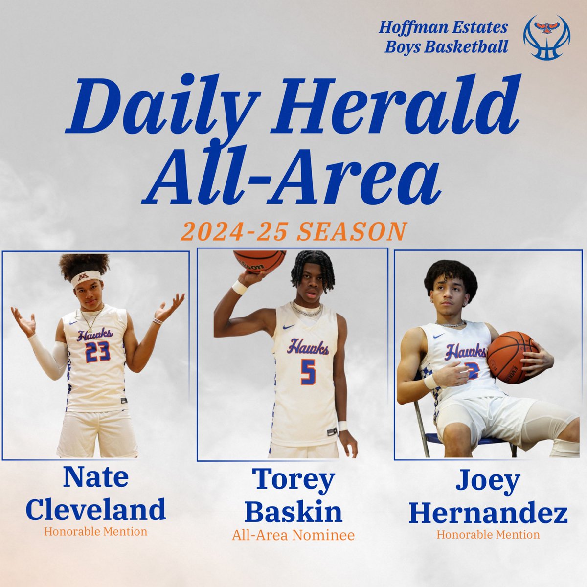 Hoffman Estates Basketball (@hehsbball) on Twitter photo Congratulations to 3 of our guys for being selected to the <a href="/dhpreps/">Daily Herald Preps</a> All-Area Team!
<a href="/Torey_Bask1n/">Torey Baskin</a> - All-Area
<a href="/_natecleveland_/">Nathan Cleveland</a> - Honorable Mention
<a href="/Joey_h06/">Joey Hernandez</a> - Honorable Mention
#Ubuntu
dailyherald.com/20250317/boys-… Congratulations to 3 of our guys for being selected to the <a href="/dhpreps/">Daily Herald Preps</a> All-Area Team!
<a href="/Torey_Bask1n/">Torey Baskin</a> - All-Area
<a href="/_natecleveland_/">Nathan Cleveland</a> - Honorable Mention
<a href="/Joey_h06/">Joey Hernandez</a> - Honorable Mention
#Ubuntu
dailyherald.com/20250317/boys-…