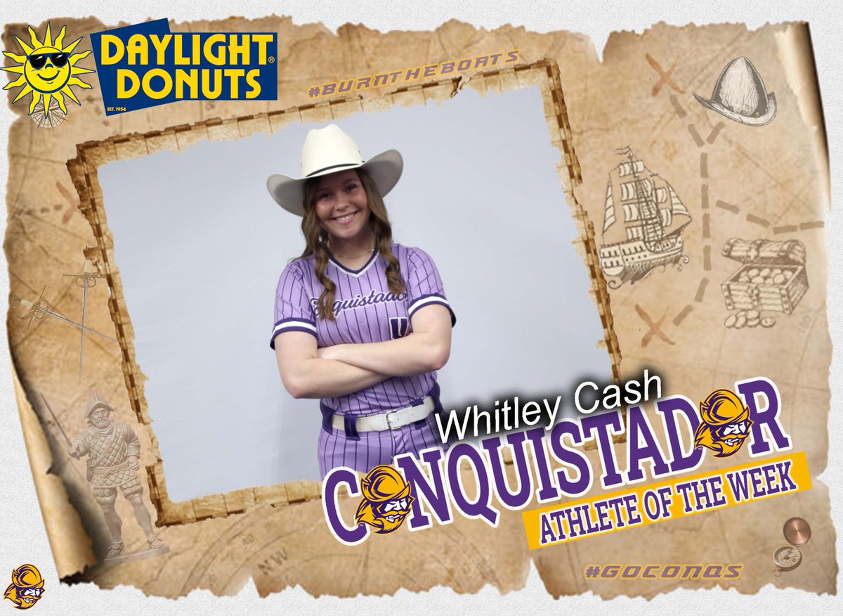 Congratulations to this week's Daylight Donuts (Dodge City) "Conquistador Athlete of the Week" - Whitley Cash (🥎Softball)...she helped the Conqs to an 8-0 week with a monster week at the plate hitting .679 with 19 hits, 15 RS, 25 RBI, 7 HR, 5 2B, BB, &amp; 2 SB (no strikeouts in 29