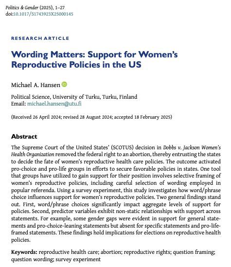 Politics & Gender (@politicsgenderj) on Twitter photo 📣 Out on #FirstView 📣
In "Wording Matters" <a href="/mhansenphd/">Michael A. Hansen</a> employs a survey experiment to test the effect of different frames on support for women's reproductive rights.
🌟Available #OpenAccess🌟
buff.ly/gE7U83e 📣 Out on #FirstView 📣
In "Wording Matters" <a href="/mhansenphd/">Michael A. Hansen</a> employs a survey experiment to test the effect of different frames on support for women's reproductive rights.
🌟Available #OpenAccess🌟
buff.ly/gE7U83e